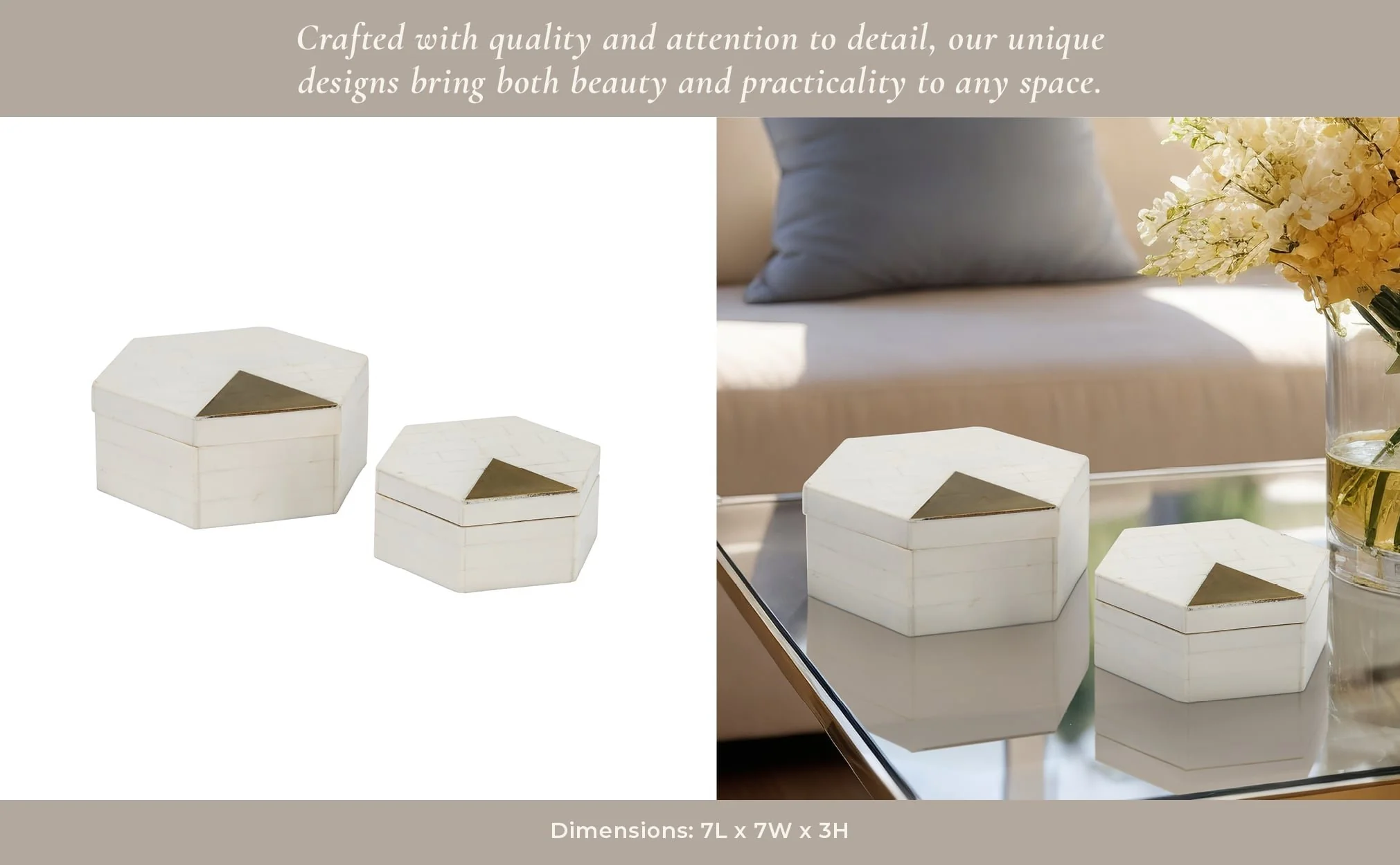 Resin, S/2 5/7" Hxgon Boxes W/brass Inlay, Wht/gld - Image 12