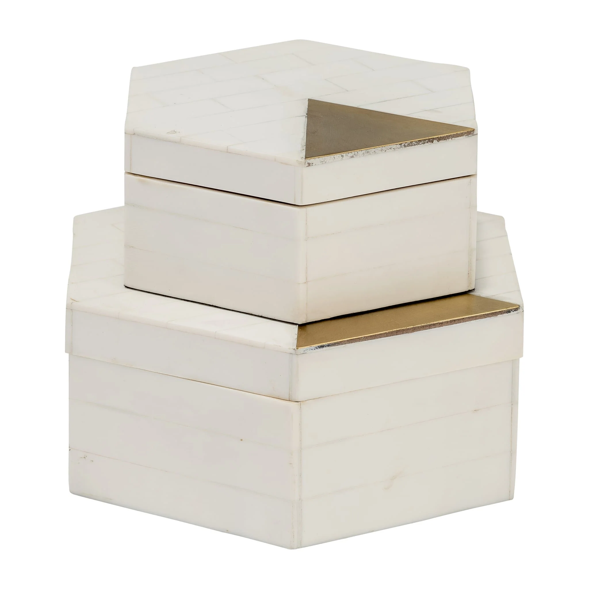 Resin, S/2 5/7" Hxgon Boxes W/brass Inlay, Wht/gld - Image 2