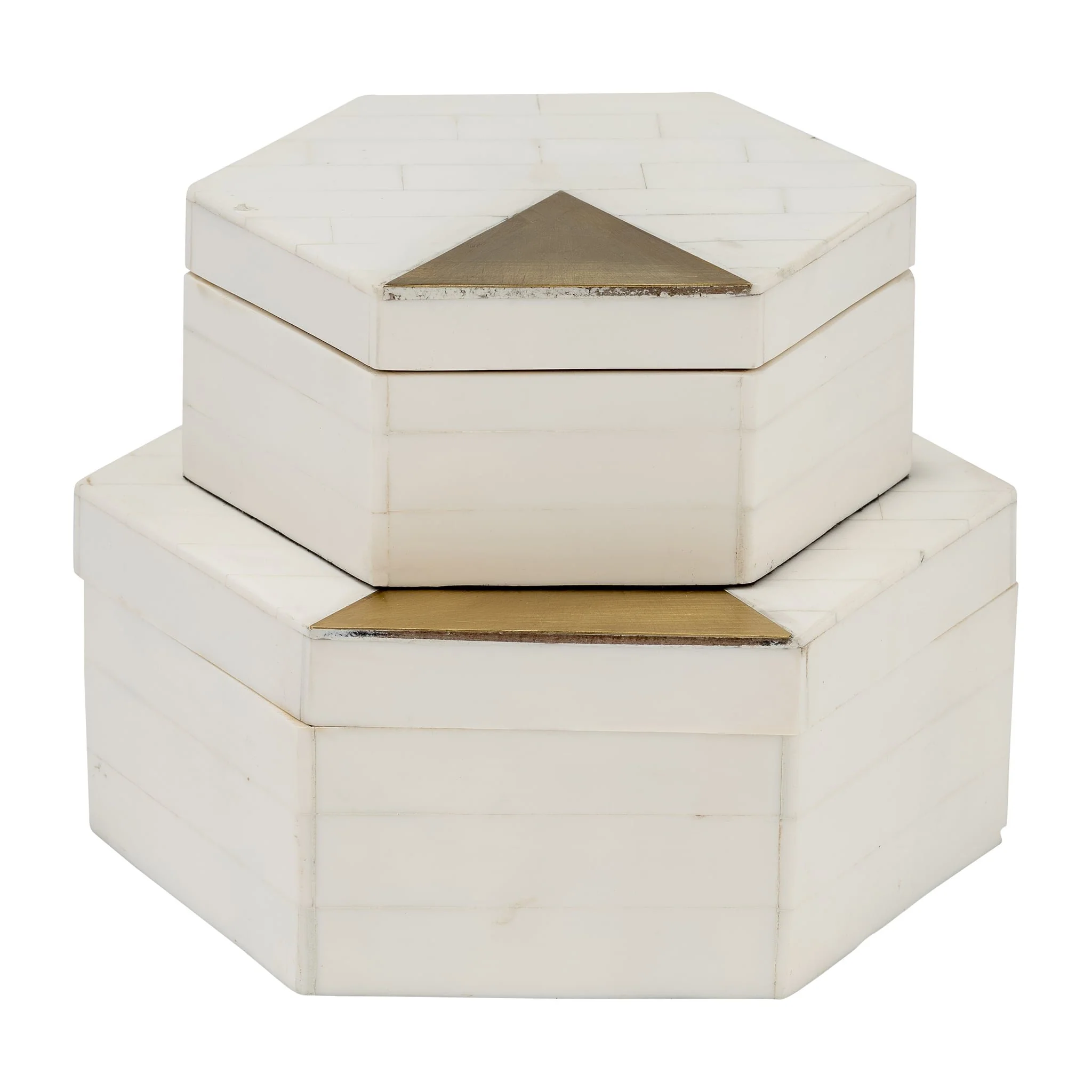 Resin, S/2 5/7" Hxgon Boxes W/brass Inlay, Wht/gld - Image 3