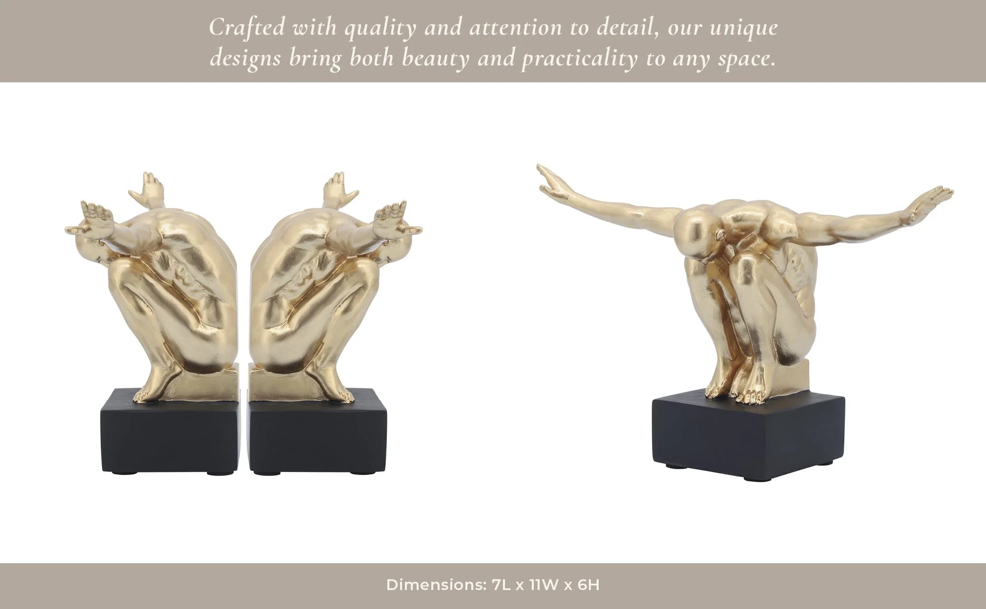 Resin, S/2, 6''h,  Man Sculpture Bookend, Gold - Image 10