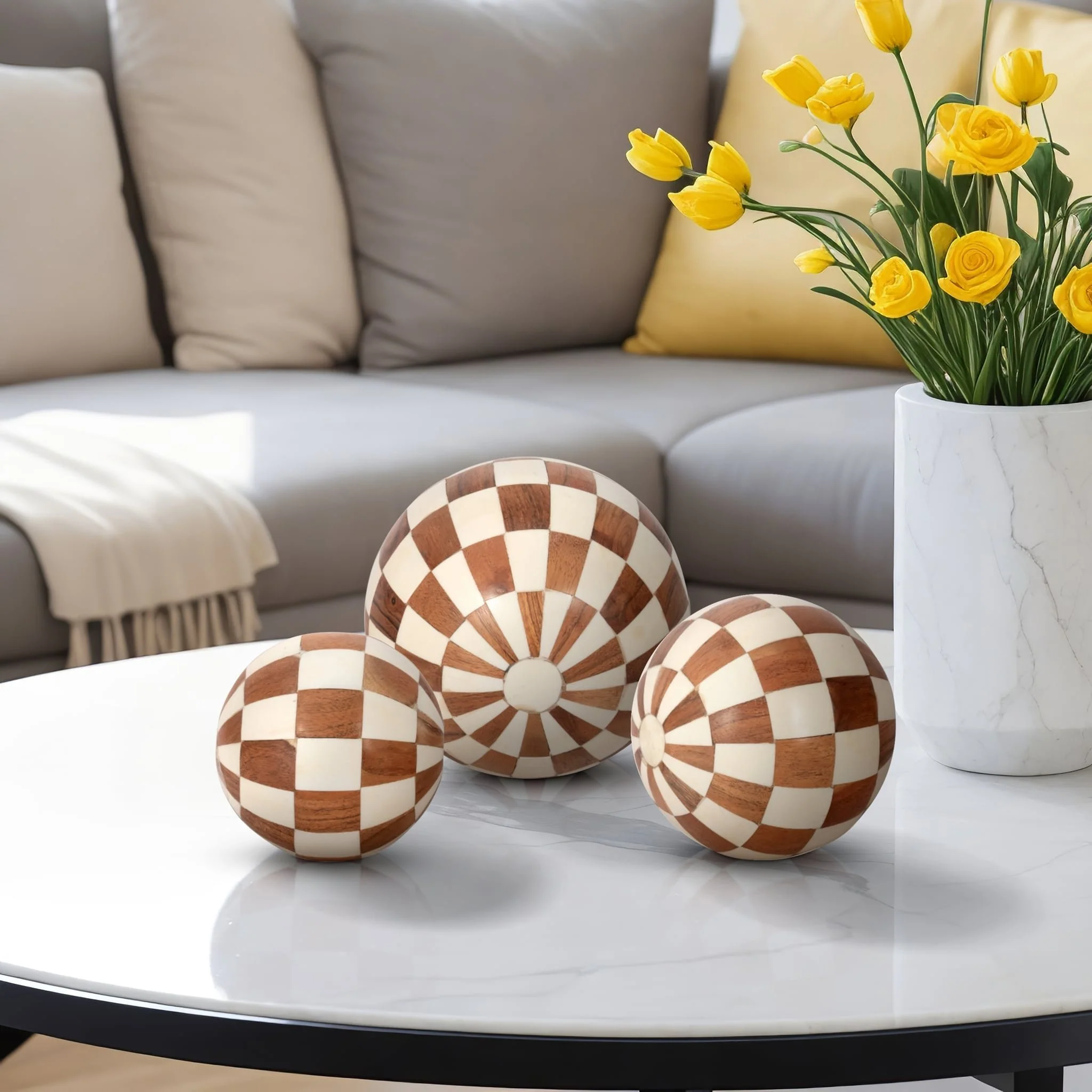 Resin, S/3 4/5/6" Checkered Orbs, Ivory/natural - Image 8