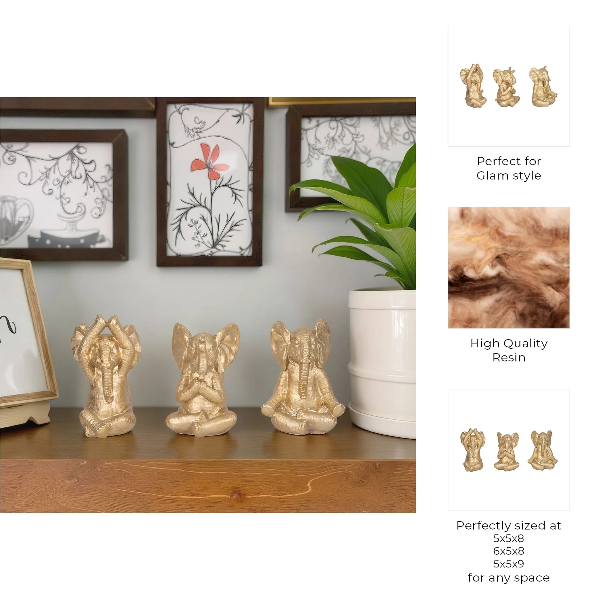 Resin, S/3, 8"h, Yoga Elephants, Gd - Image 9