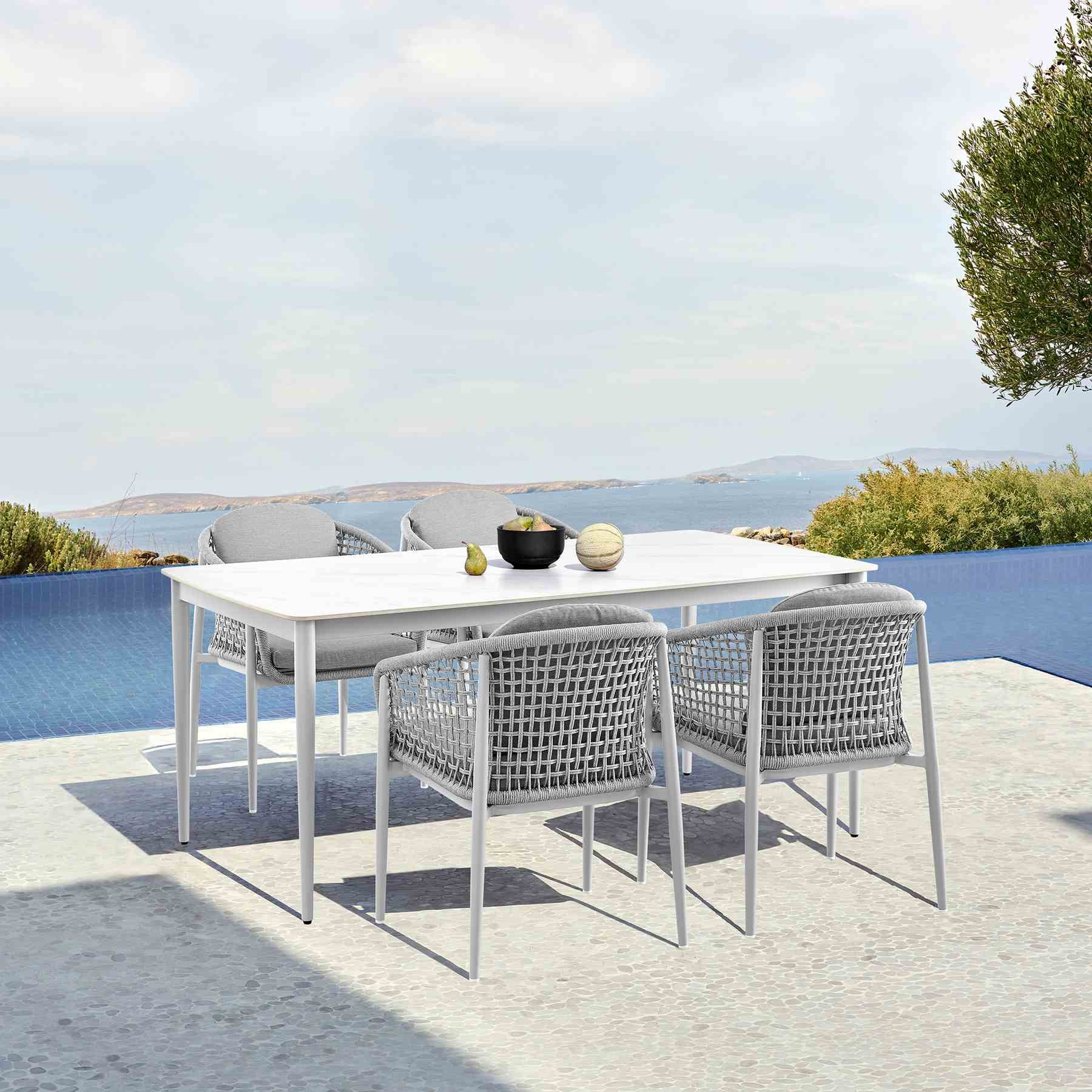 Rhodes Outdoor Patio 5 Piece Dining Set in Aluminum with Sintered Stone and Gray Cushions - Image 10