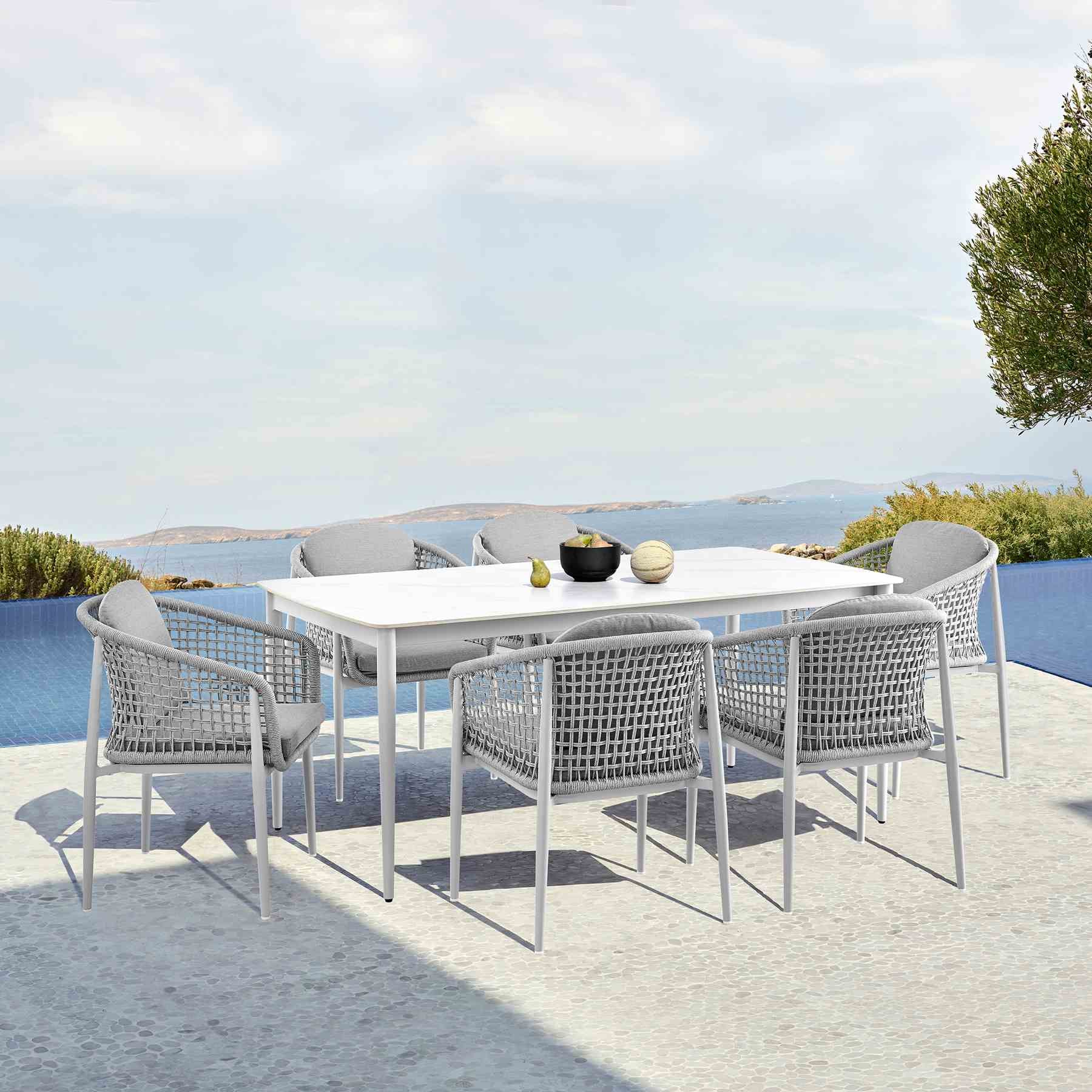 Rhodes Outdoor Patio 7 Piece Dining Set in Aluminum with Sintered Stone and Gray Cushions - Image 10