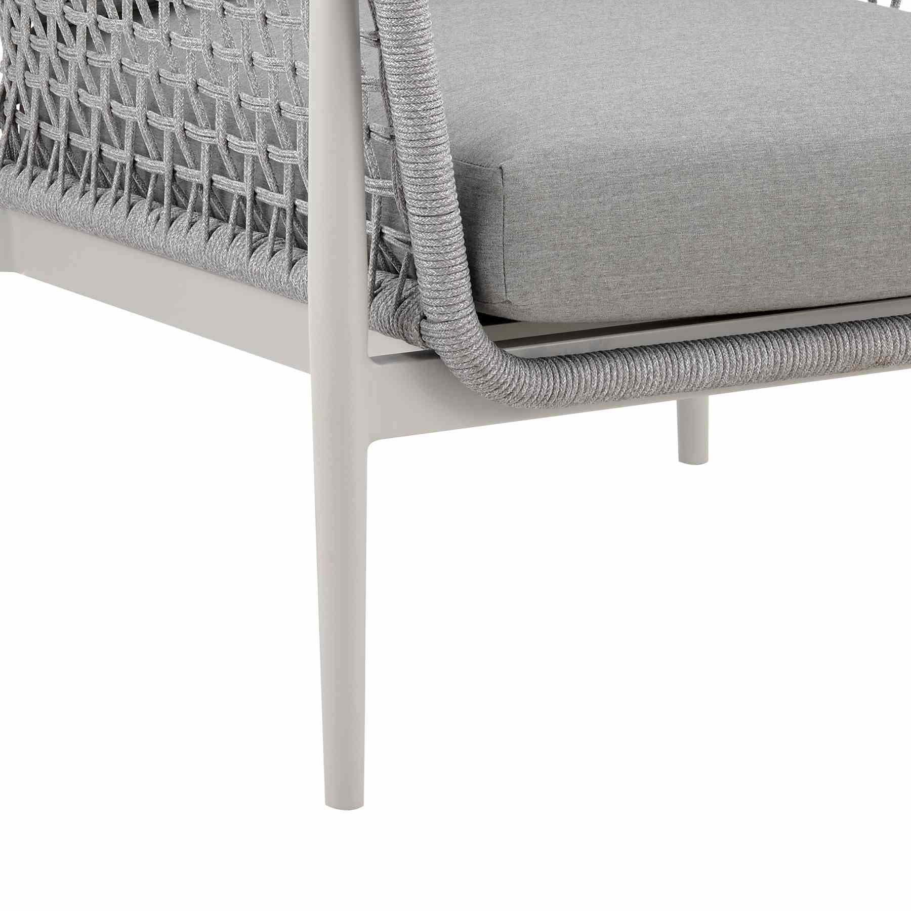 Rhodes Outdoor Patio Armchair in Aluminum with Light Gray Rope and Cushions - Image 8