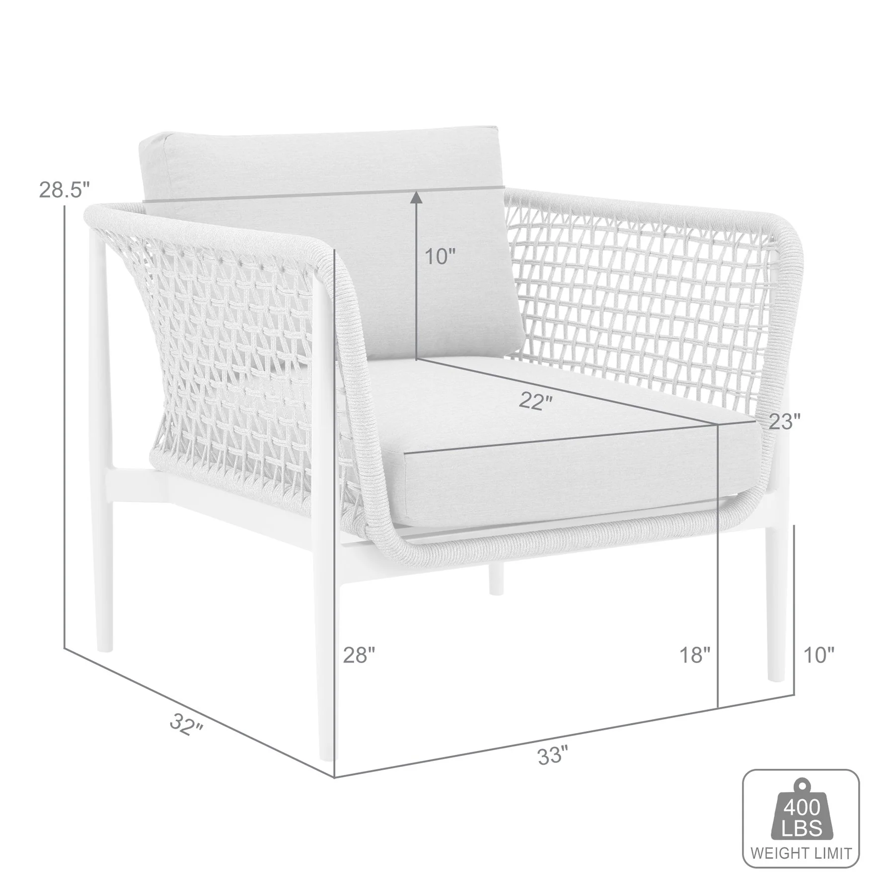 Rhodes Outdoor Patio Armchair in Aluminum with Light Gray Rope and Cushions - Image 9