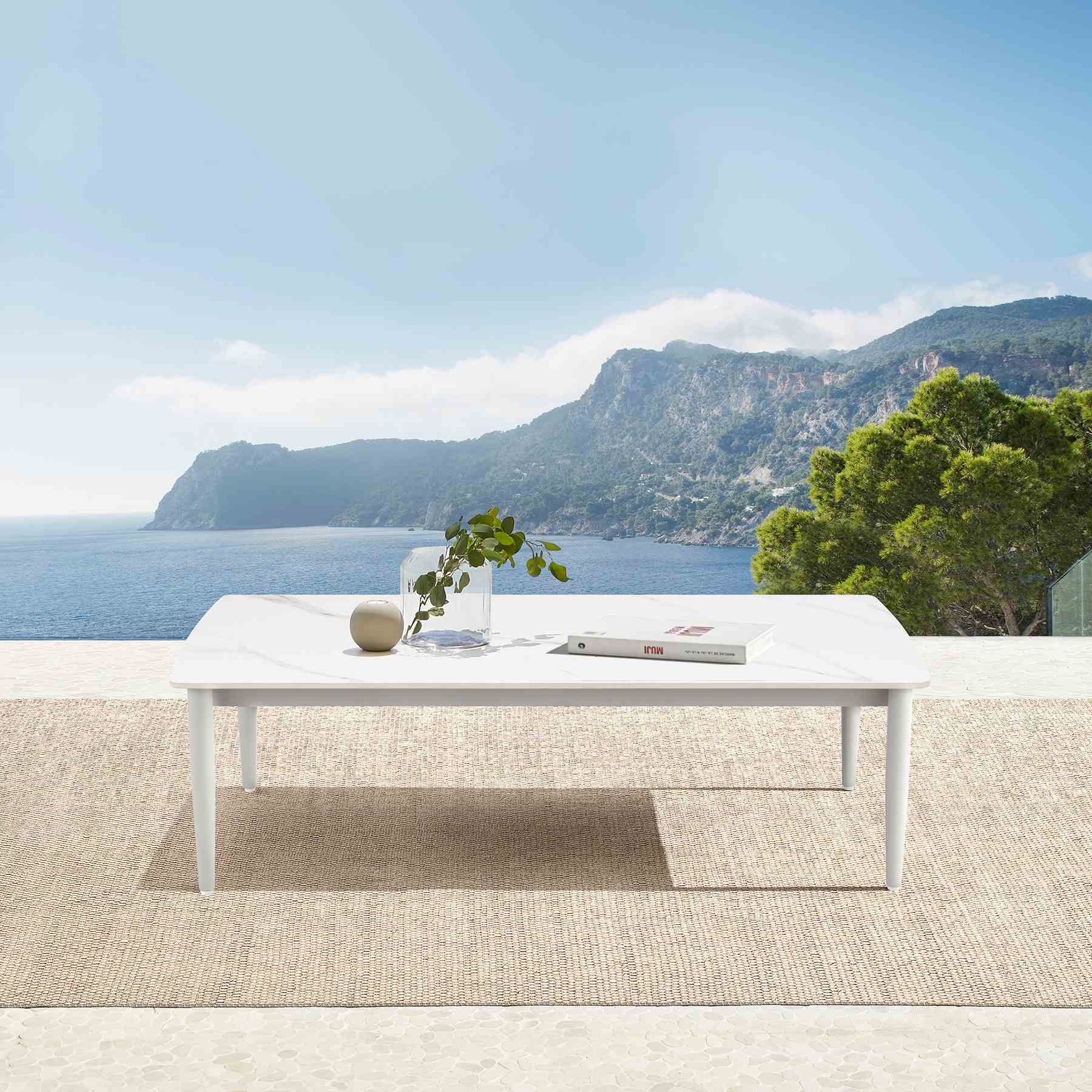 Rhodes Outdoor Patio Rectangular Coffee Table in Snowy Sintered Stone and Porcelain Finish - Image 7