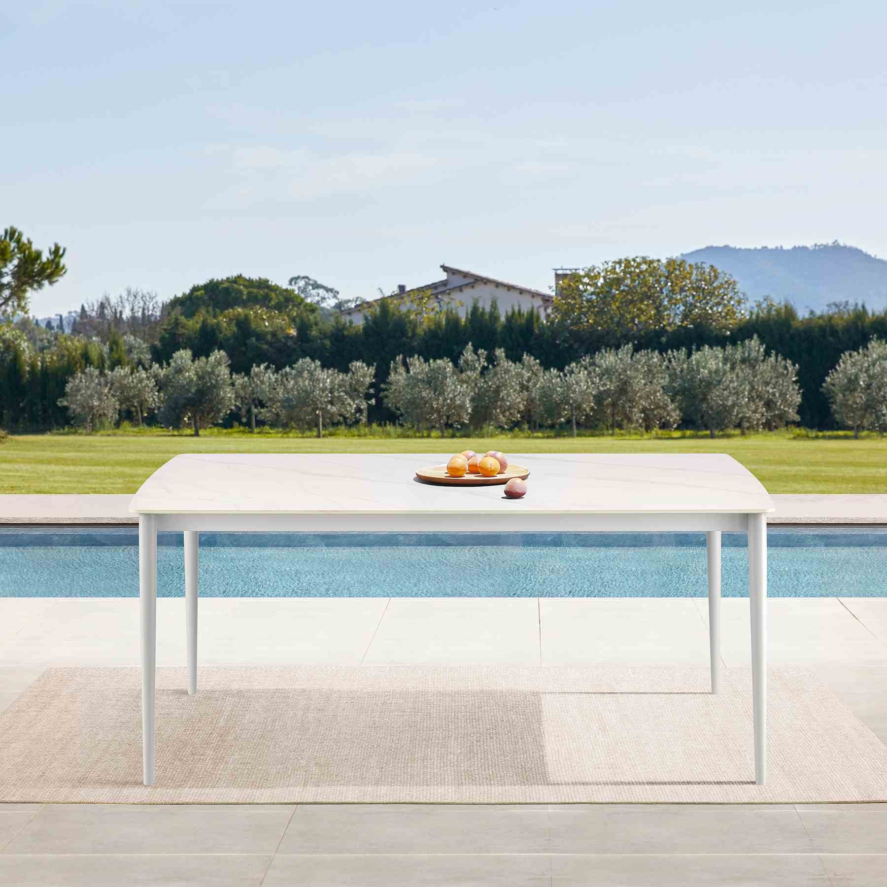 Rhodes Outdoor Patio Rectangular Dining Table in Snowy Sintered Stone and Porcelain Finish - Image 7