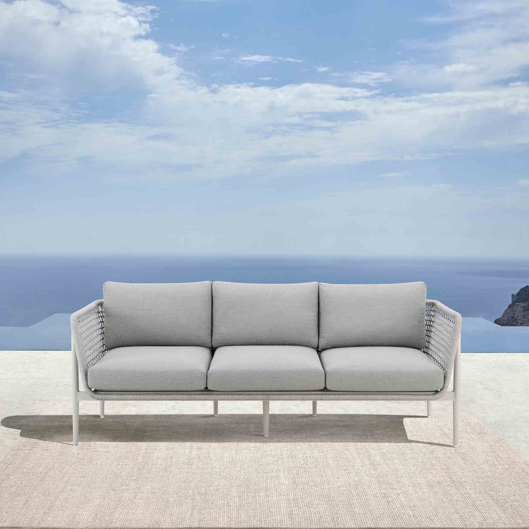 Rhodes Outdoor Patio Sofa in Aluminum with Light Gray Rope and Cushions - Image 10