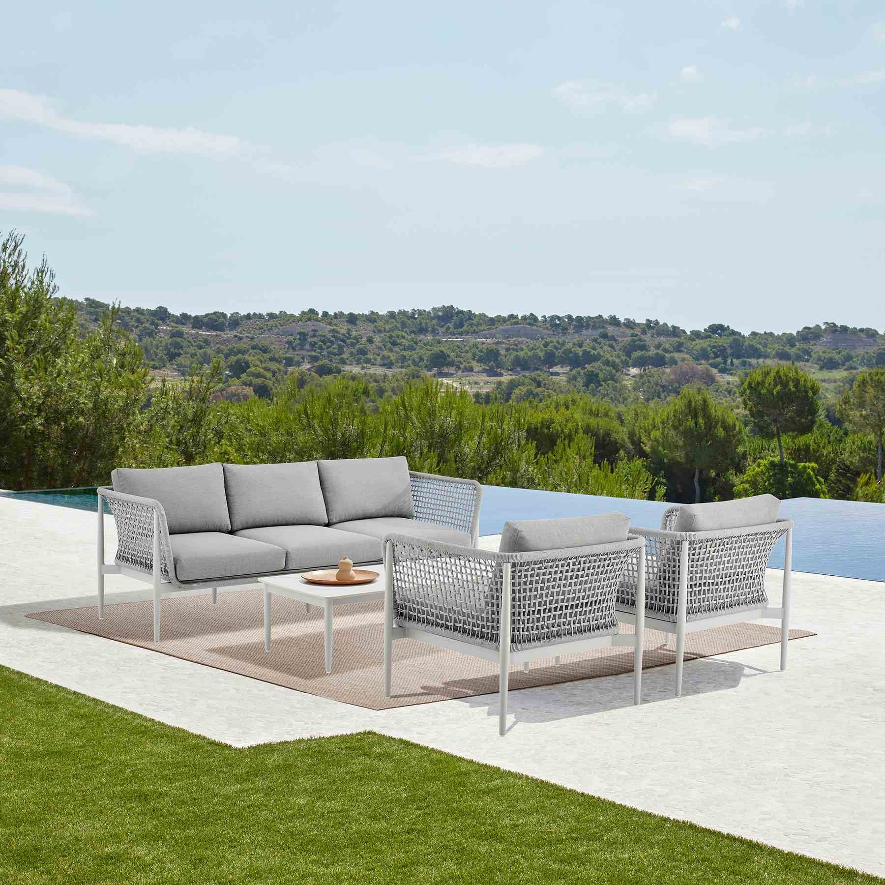 Rhodes Outdoor Patio Sofa in Aluminum with Light Gray Rope and Cushions - Image 11