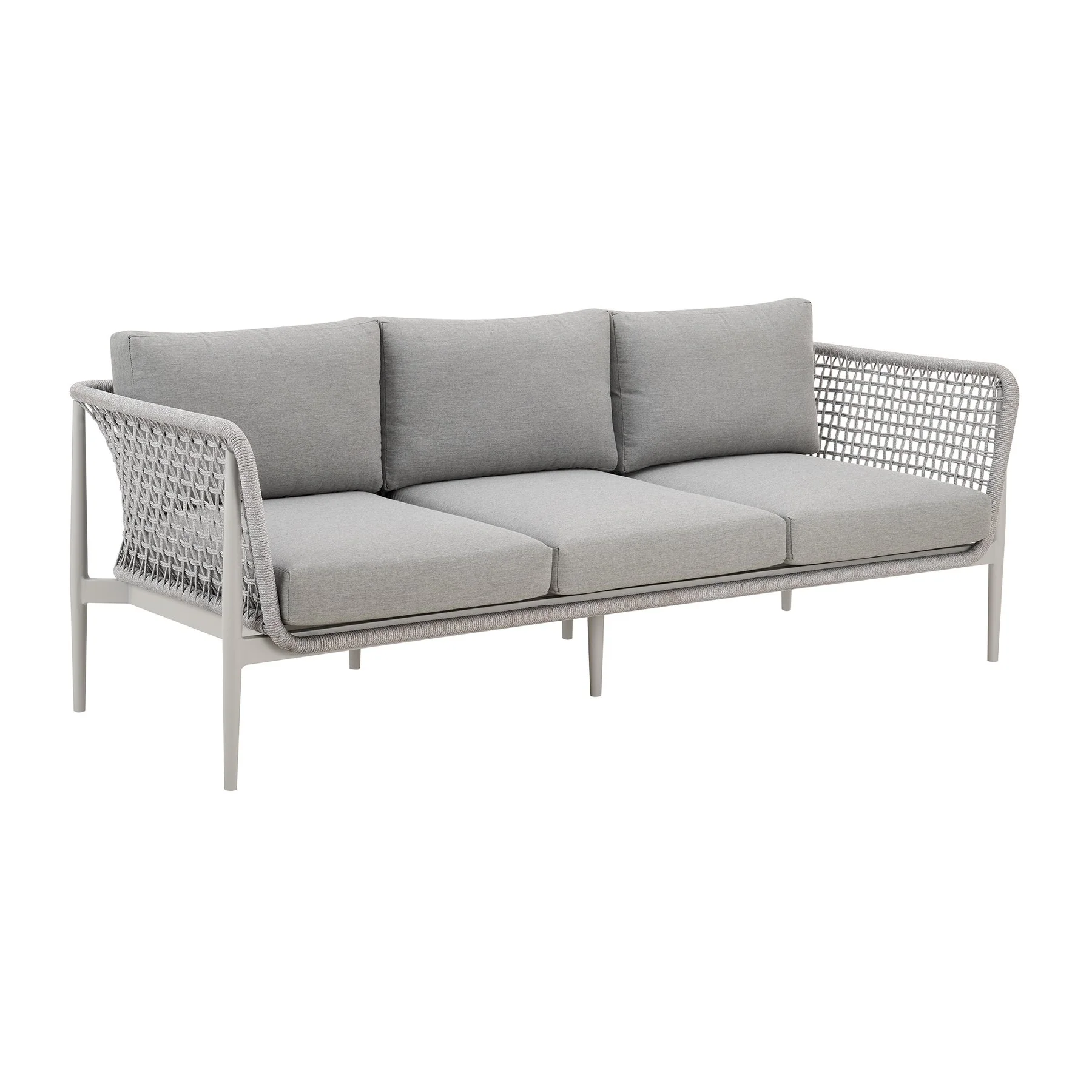 Rhodes Outdoor Patio Sofa in Aluminum with Light Gray Rope and Cushions - Image 2