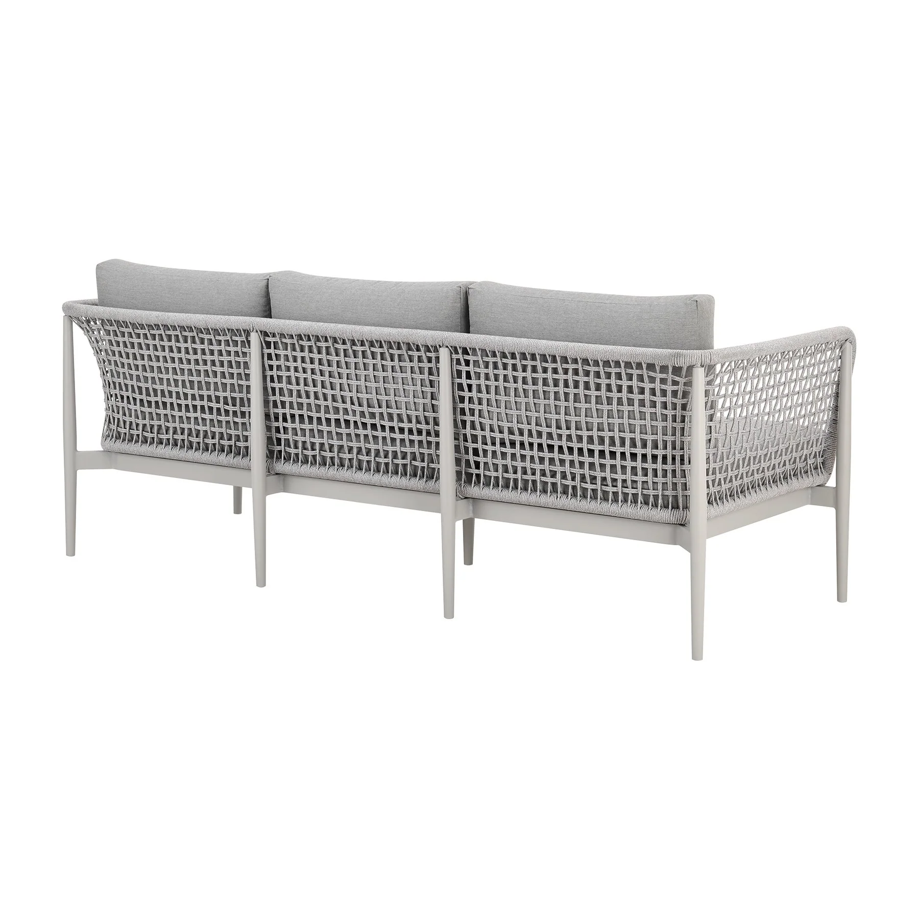 Rhodes Outdoor Patio Sofa in Aluminum with Light Gray Rope and Cushions - Image 3