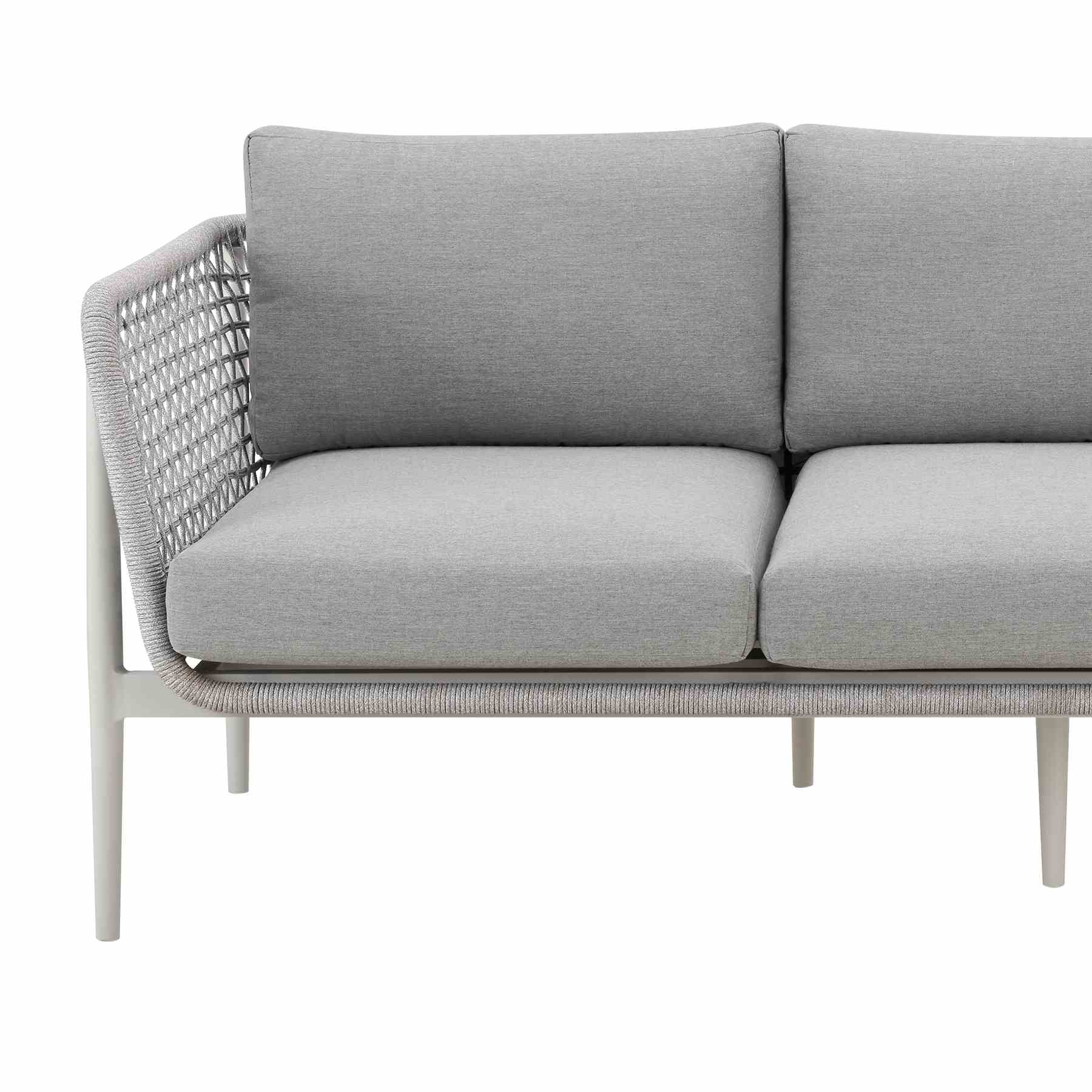 Rhodes Outdoor Patio Sofa in Aluminum with Light Gray Rope and Cushions - Image 4
