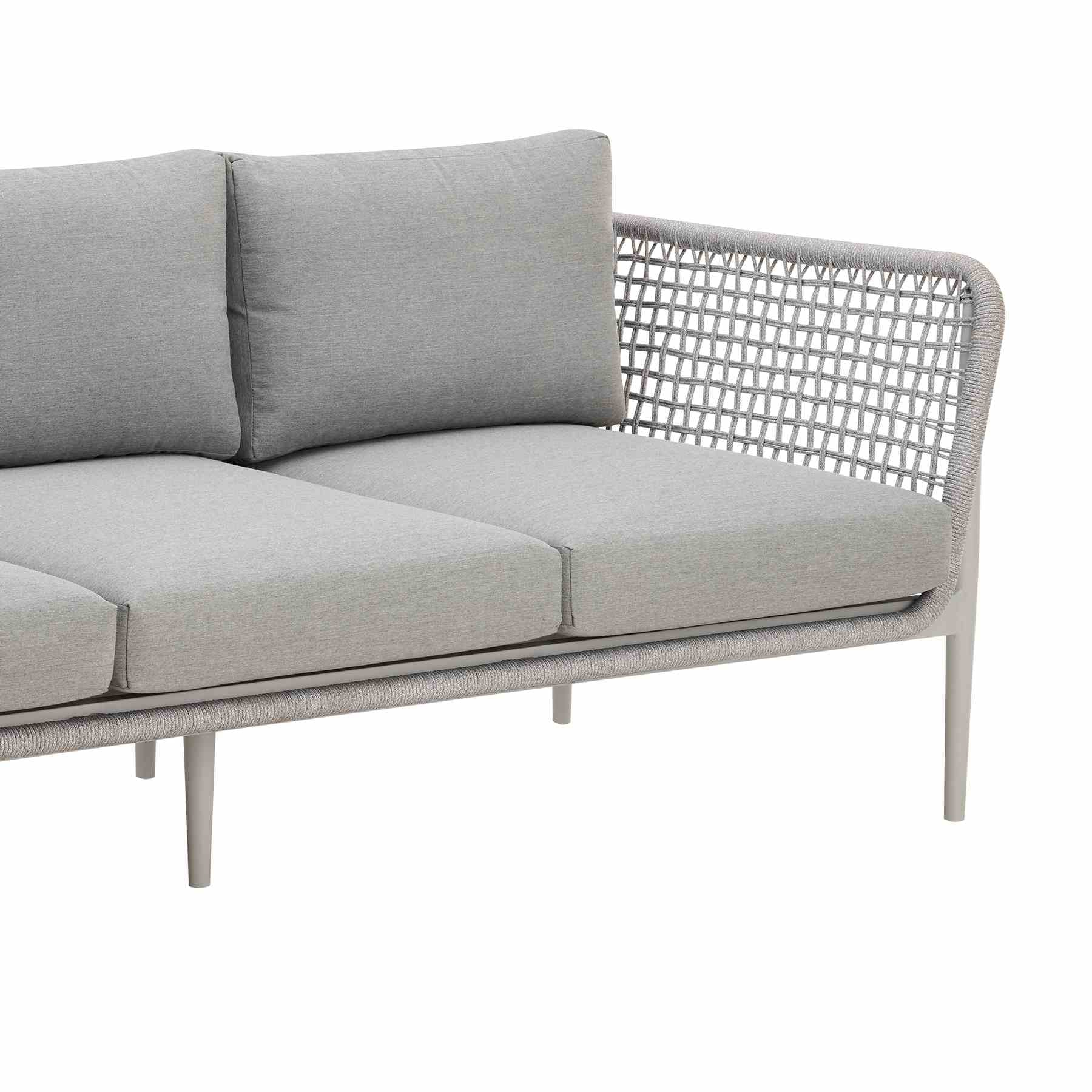 Rhodes Outdoor Patio Sofa in Aluminum with Light Gray Rope and Cushions - Image 5