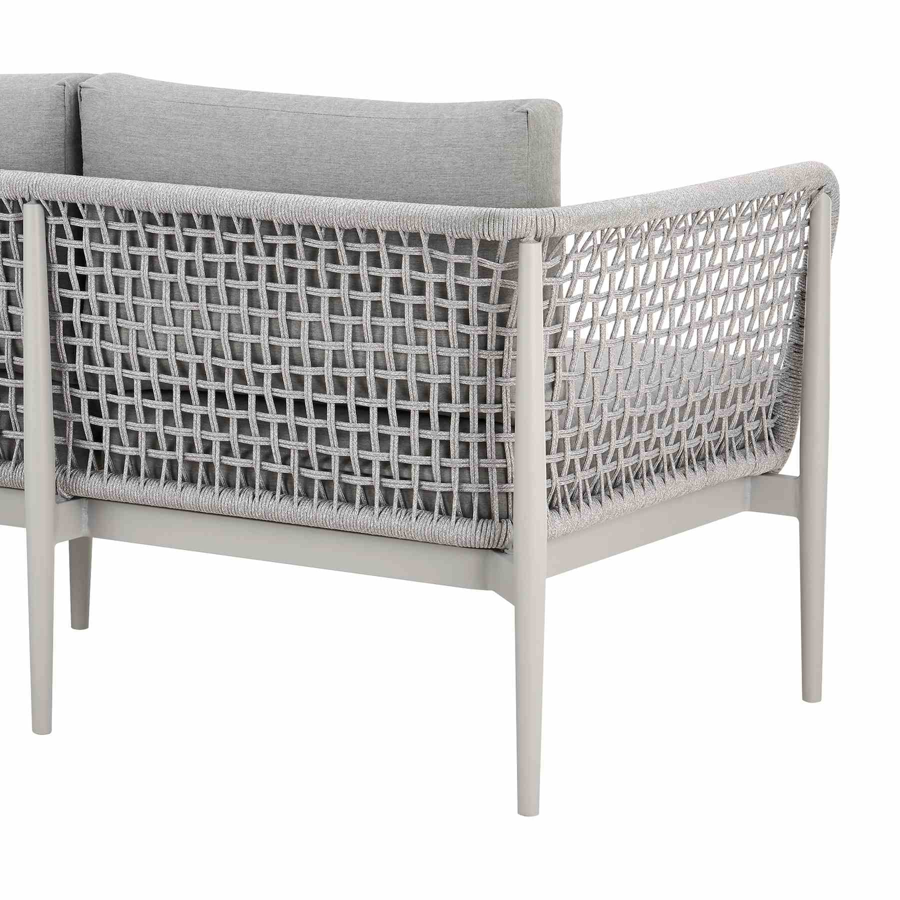 Rhodes Outdoor Patio Sofa in Aluminum with Light Gray Rope and Cushions - Image 6