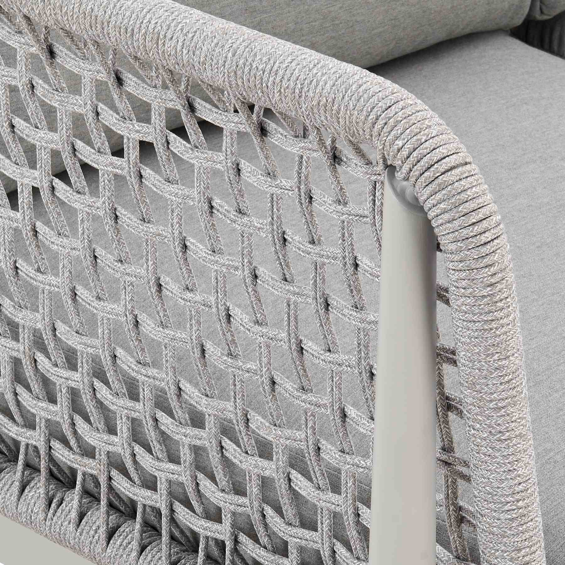 Rhodes Outdoor Patio Sofa in Aluminum with Light Gray Rope and Cushions - Image 8