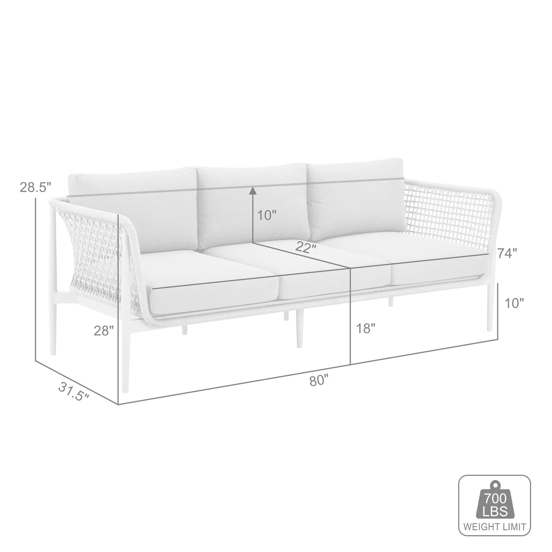 Rhodes Outdoor Patio Sofa in Aluminum with Light Gray Rope and Cushions - Image 9