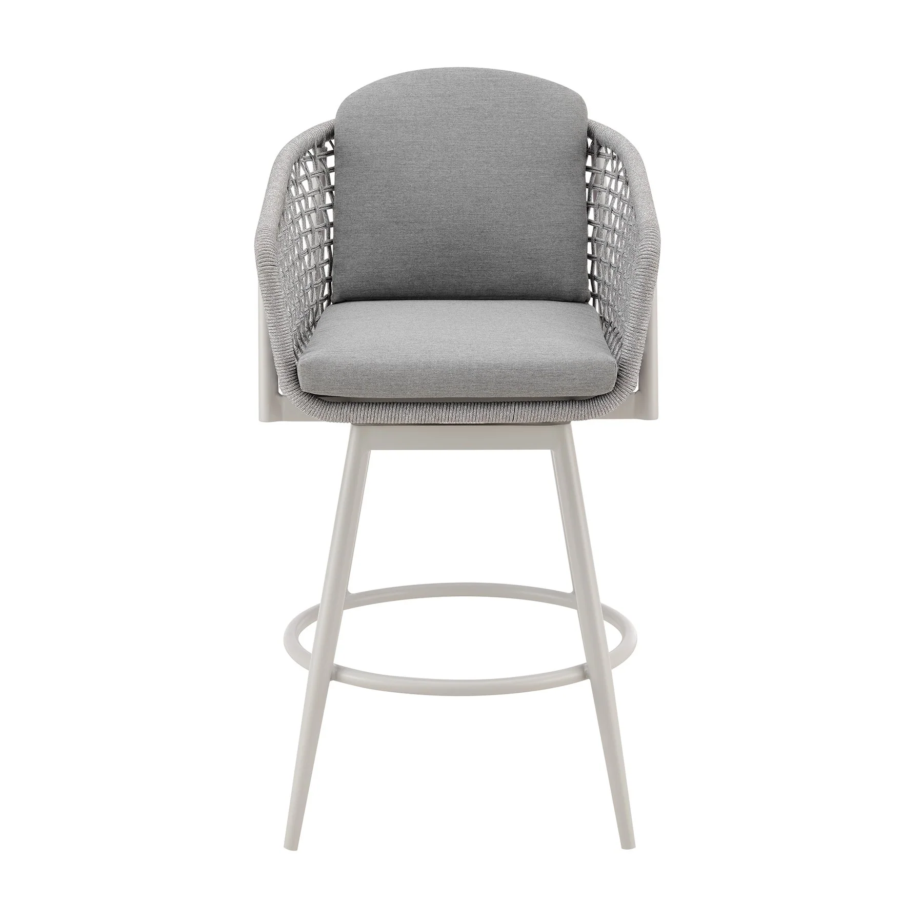 Rhodes Outdoor Patio Swivel Bar Stool in Aluminum with Light Gray Rope and Cushions - Image 2