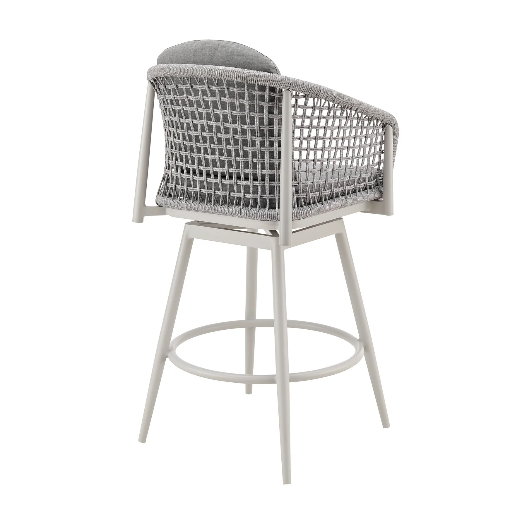 Rhodes Outdoor Patio Swivel Bar Stool in Aluminum with Light Gray Rope and Cushions - Image 3