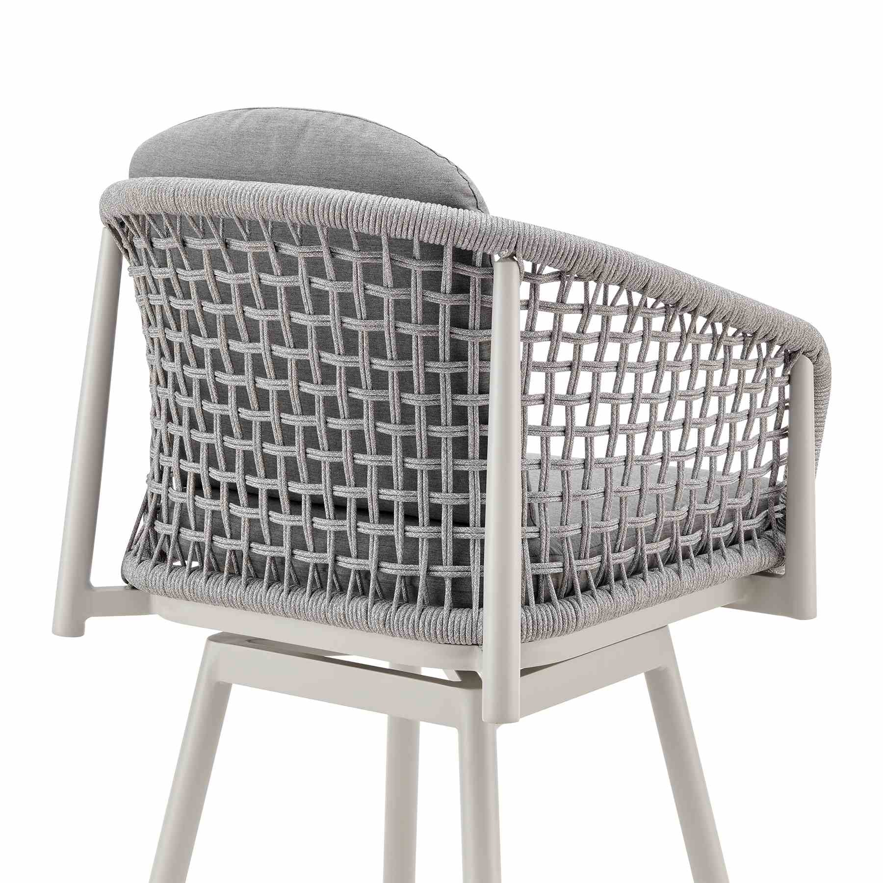 Rhodes Outdoor Patio Swivel Bar Stool in Aluminum with Light Gray Rope and Cushions - Image 5