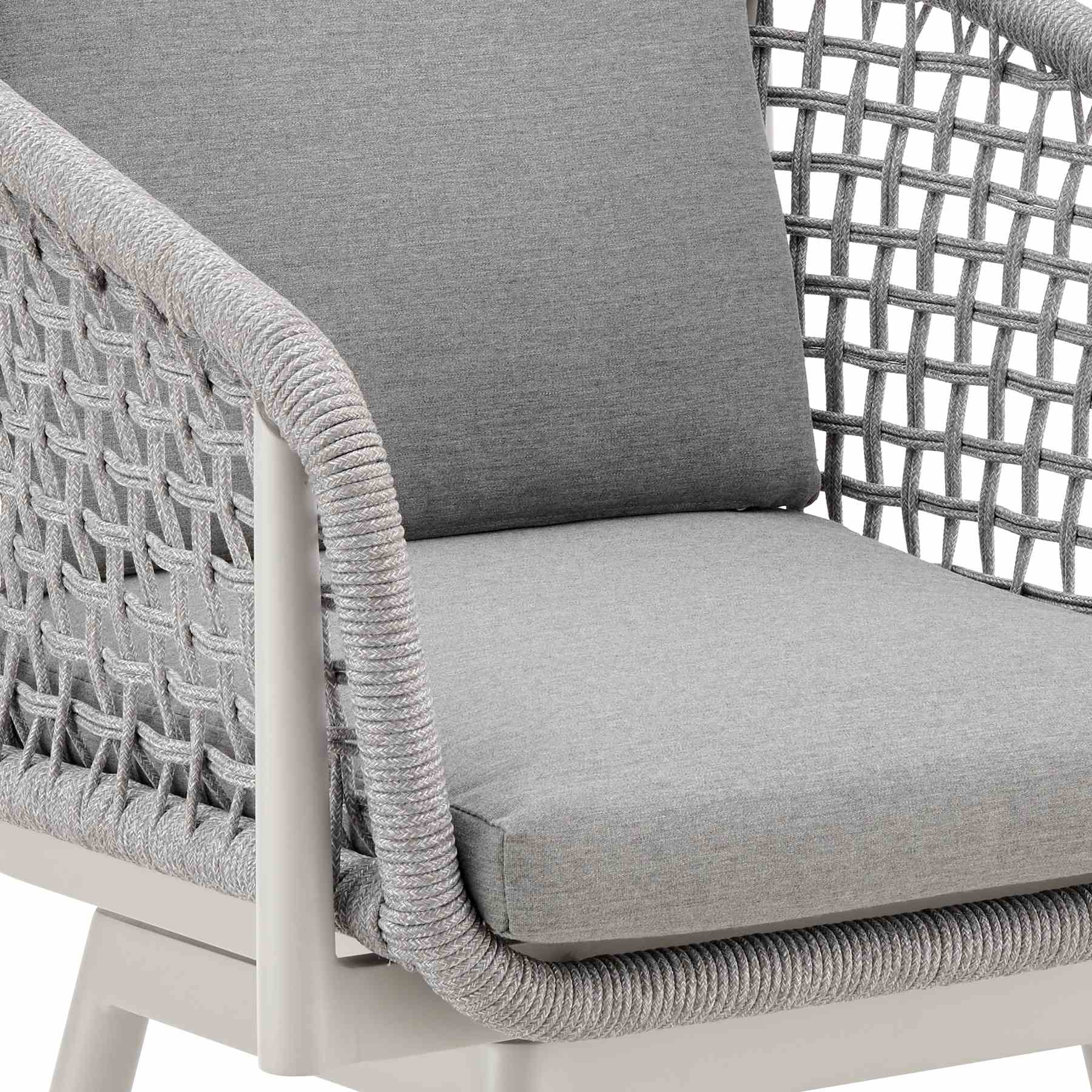 Rhodes Outdoor Patio Swivel Bar Stool in Aluminum with Light Gray Rope and Cushions - Image 6