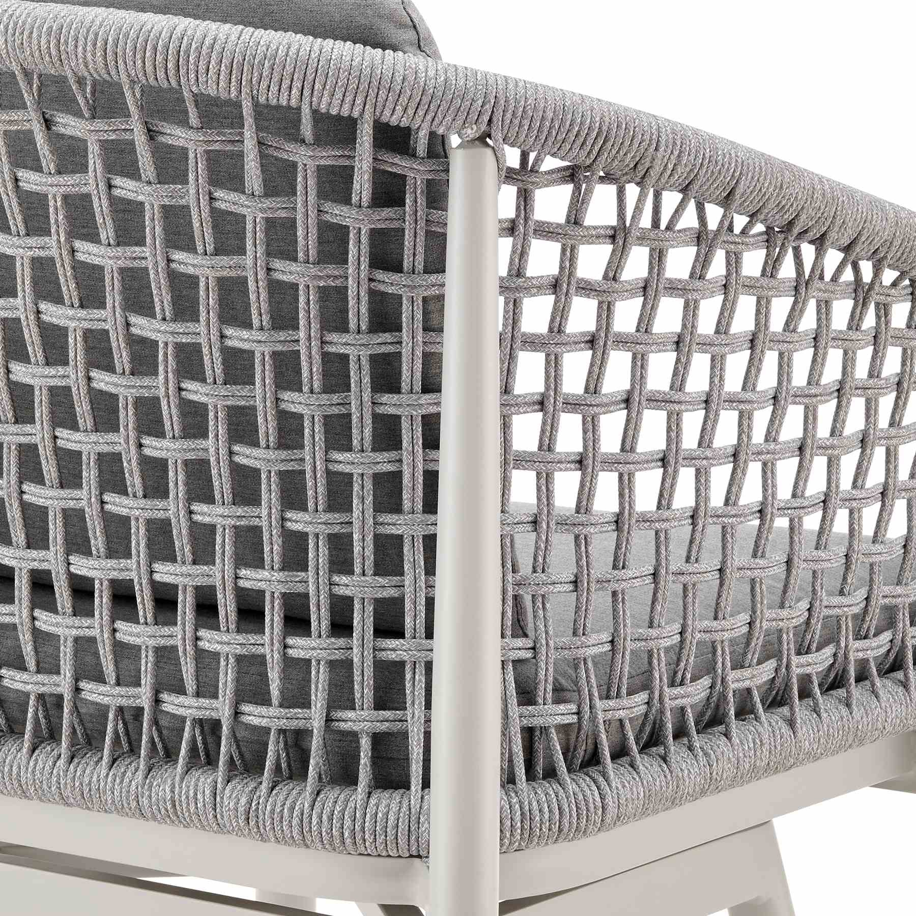 Rhodes Outdoor Patio Swivel Bar Stool in Aluminum with Light Gray Rope and Cushions - Image 7