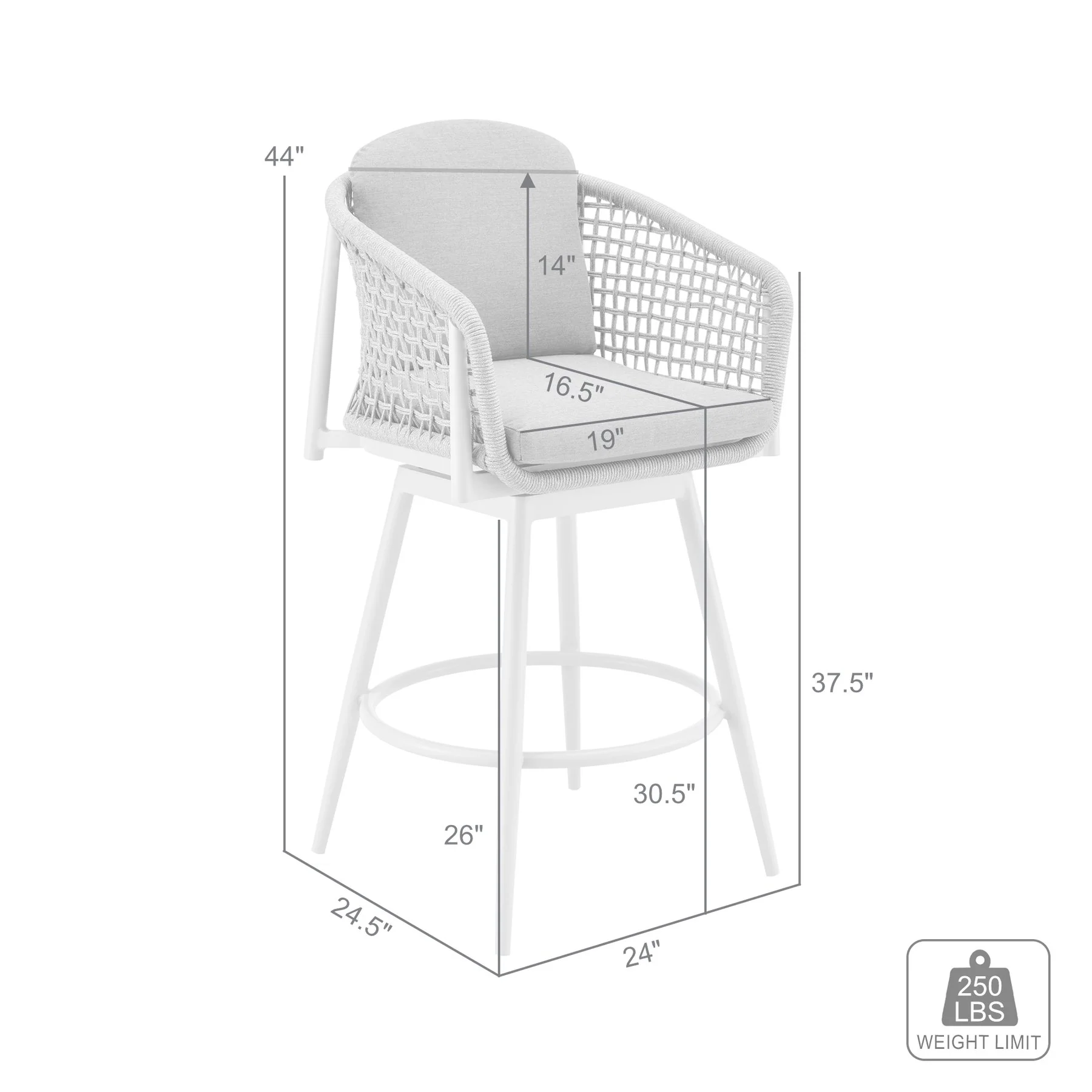 Rhodes Outdoor Patio Swivel Bar Stool in Aluminum with Light Gray Rope and Cushions - Image 9