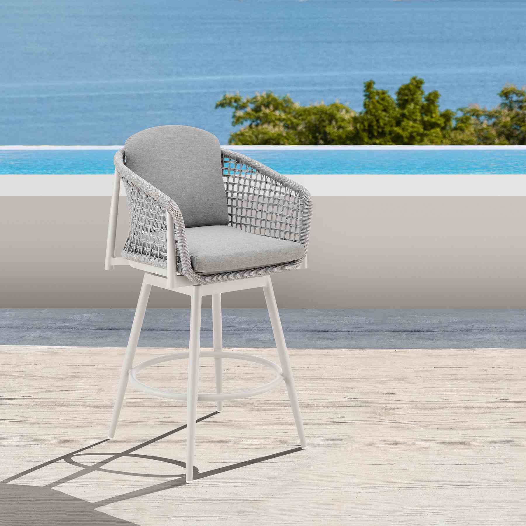 Rhodes Outdoor Patio Swivel Counter Stool in Aluminum with Light Gray Rope and Cushions - Image 10