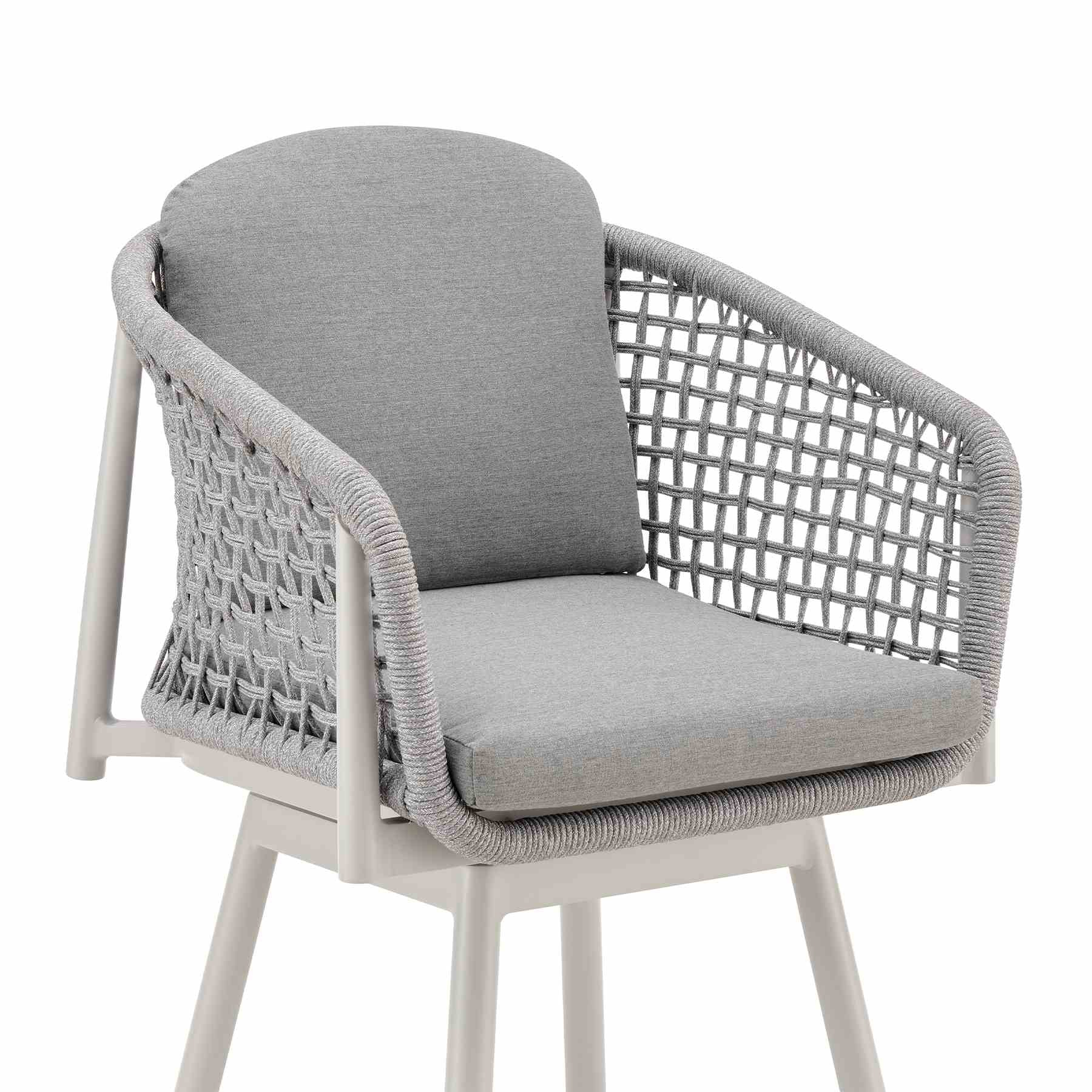 Rhodes Outdoor Patio Swivel Counter Stool in Aluminum with Light Gray Rope and Cushions - Image 4