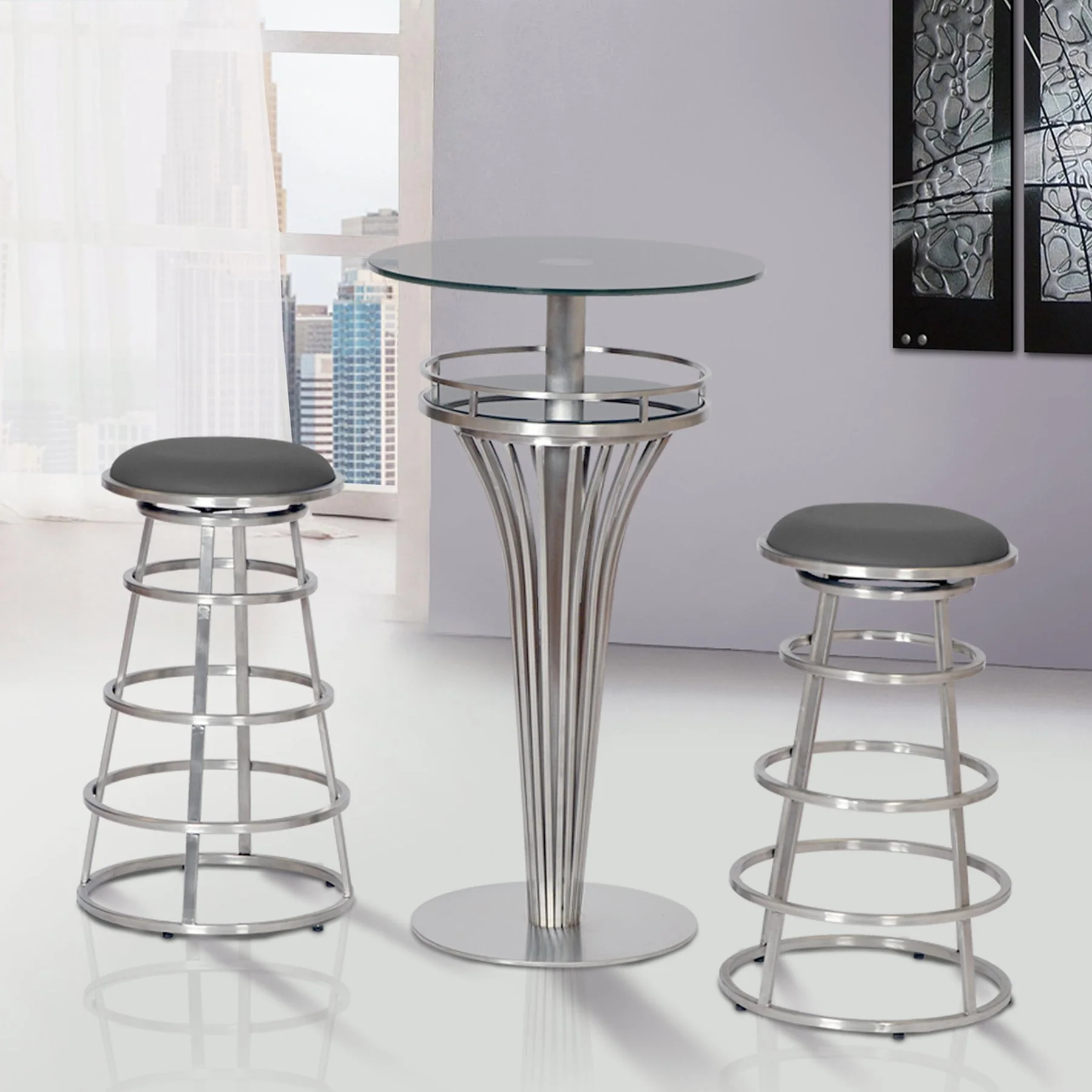 Ringo 26" Backless Brushed Stainless Steel Barstool in Gray Faux Leather - Image 5