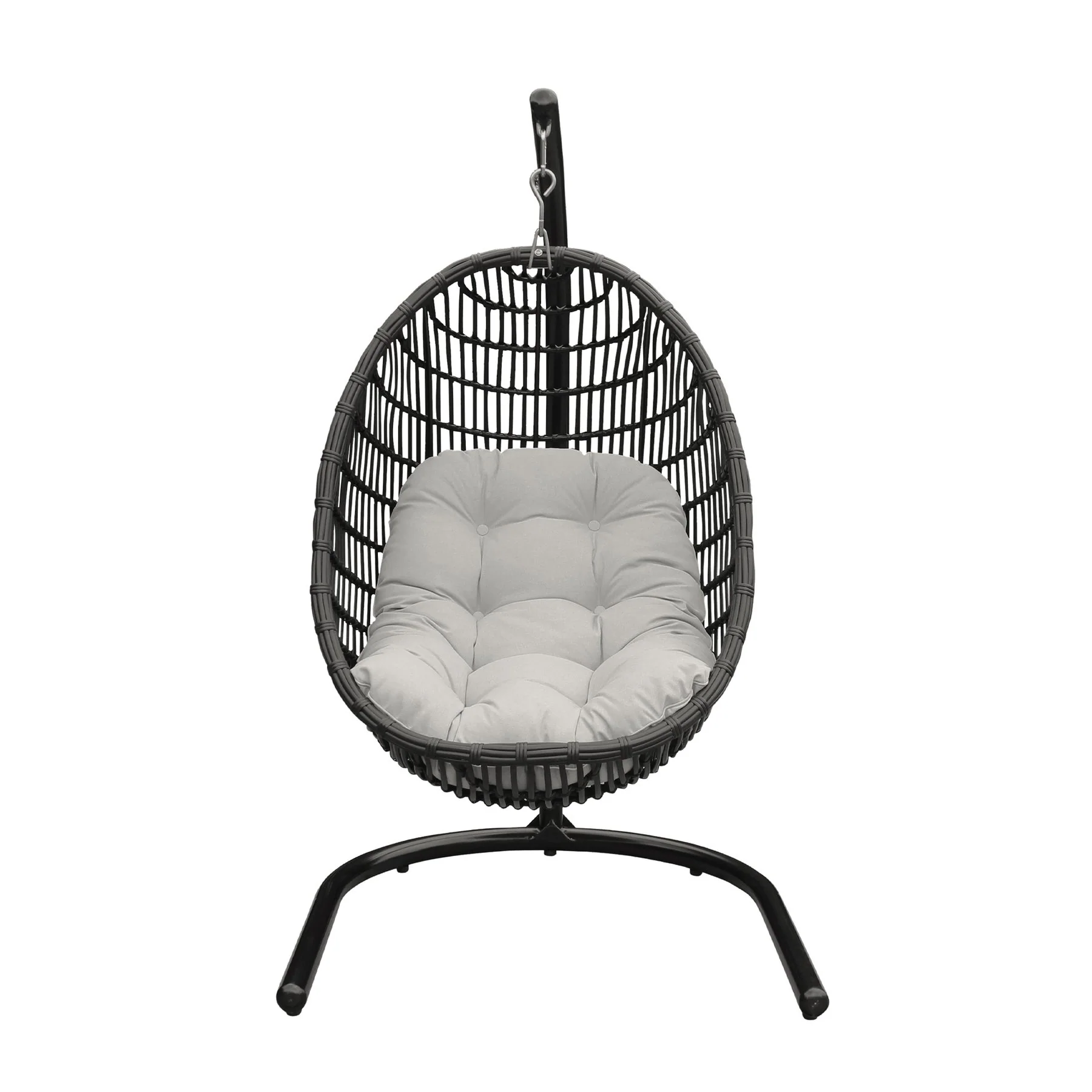 Rio Indoor Outdoor Hanging Egg Swing Chair in Gray Wicker with Black Iron Stand - Image 2