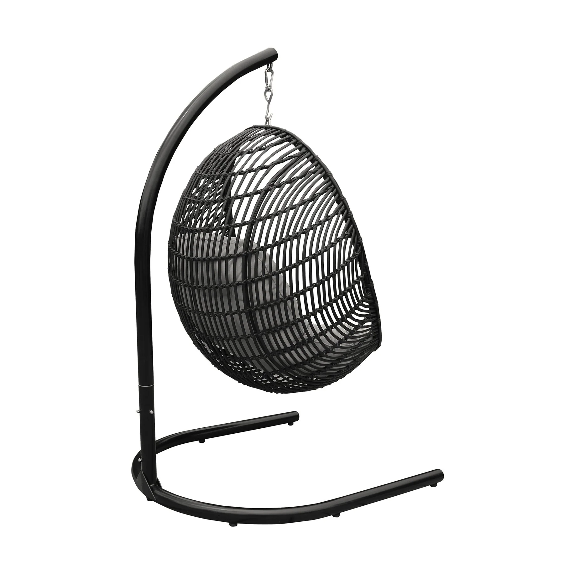 Rio Indoor Outdoor Hanging Egg Swing Chair in Gray Wicker with Black Iron Stand - Image 4