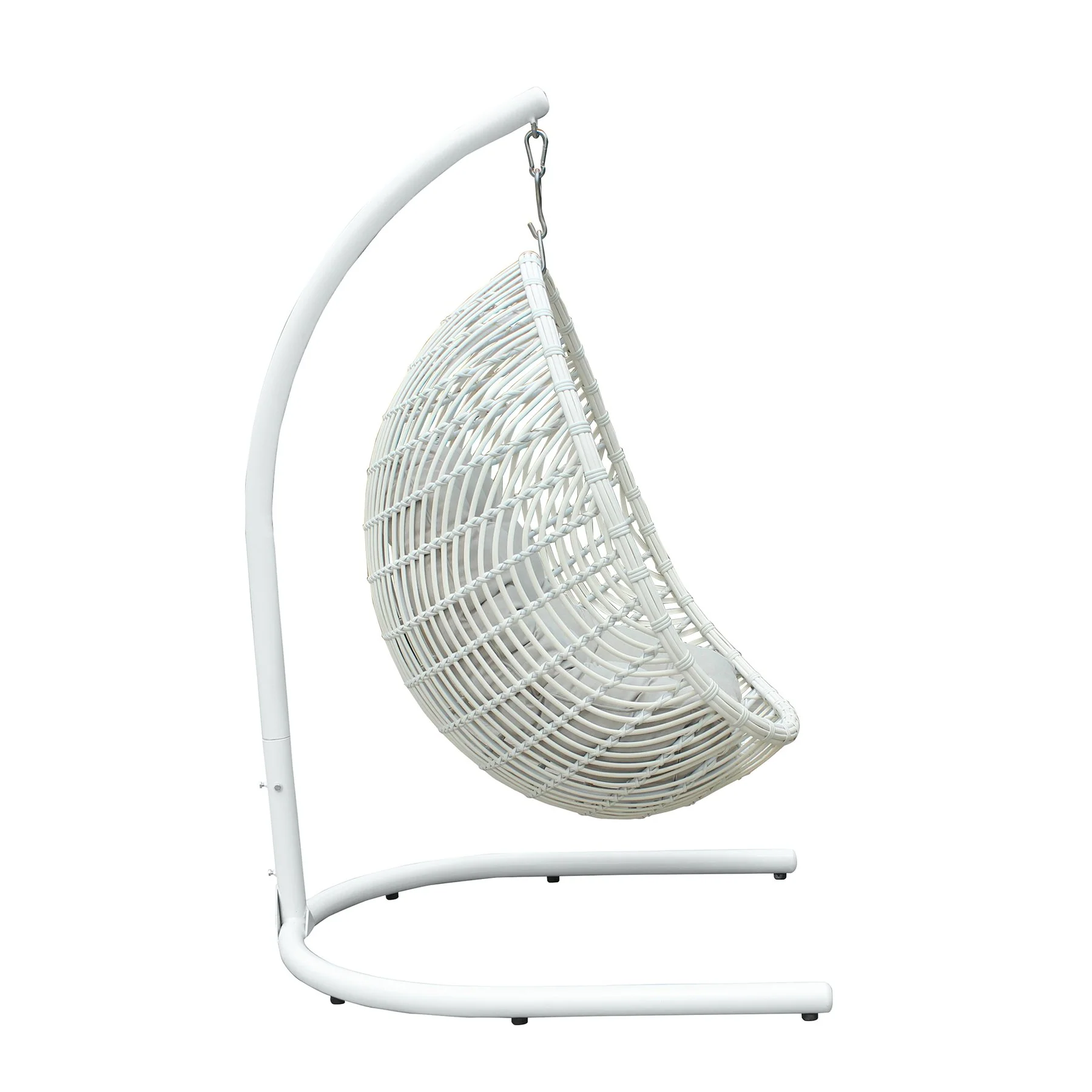 Rio indoor Outdoor Hanging Egg Swing Chair in White Wicker with White Iron Stand - Image 3