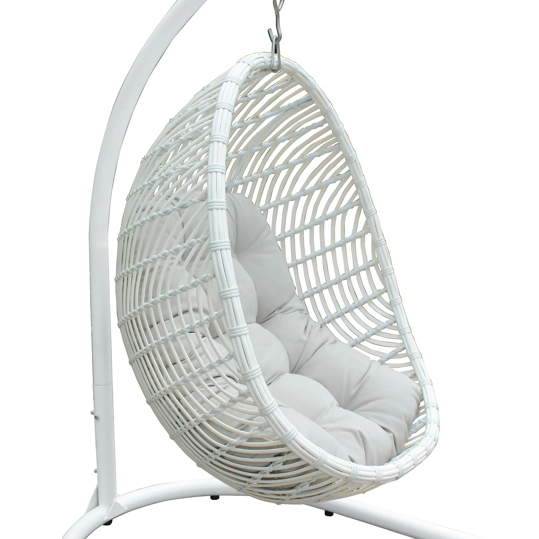 Rio indoor Outdoor Hanging Egg Swing Chair in White Wicker with White Iron Stand - Image 6