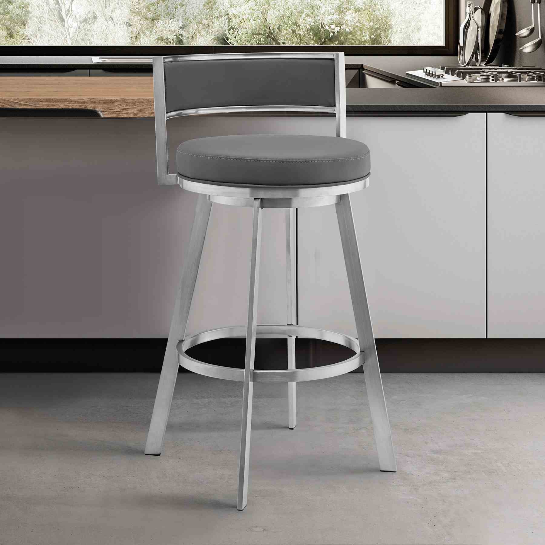 Roman 26" Gray Faux Leather and Brushed Stainless Steel Swivel Bar Stool - Image 8