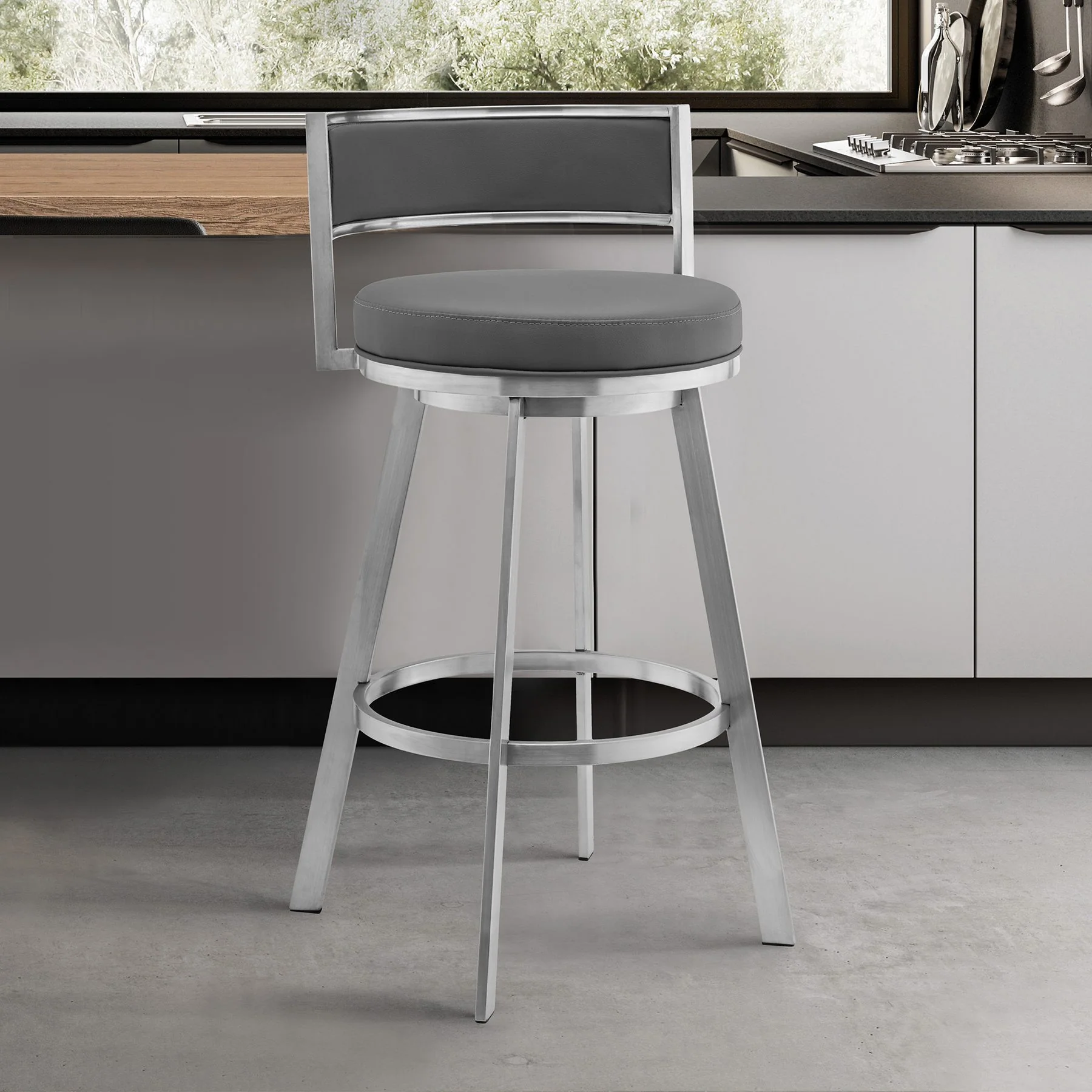 Roman 30" Gray Faux Leather and Brushed Stainless Steel Swivel Bar Stool - Image 8