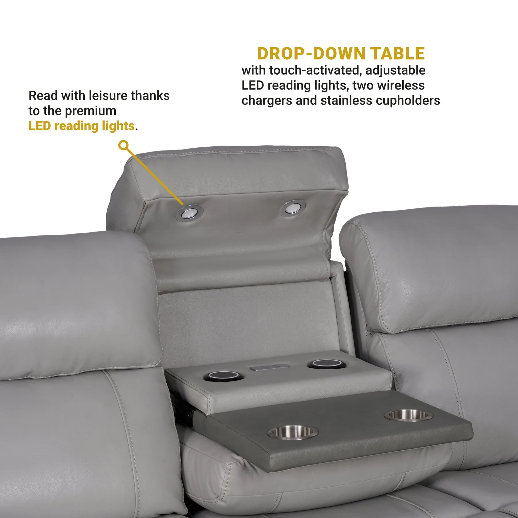Rosalyn 87" Zero Gravity Power Reclining Sofa with Dropdown Console in Silver and Gray Leather - Image 9