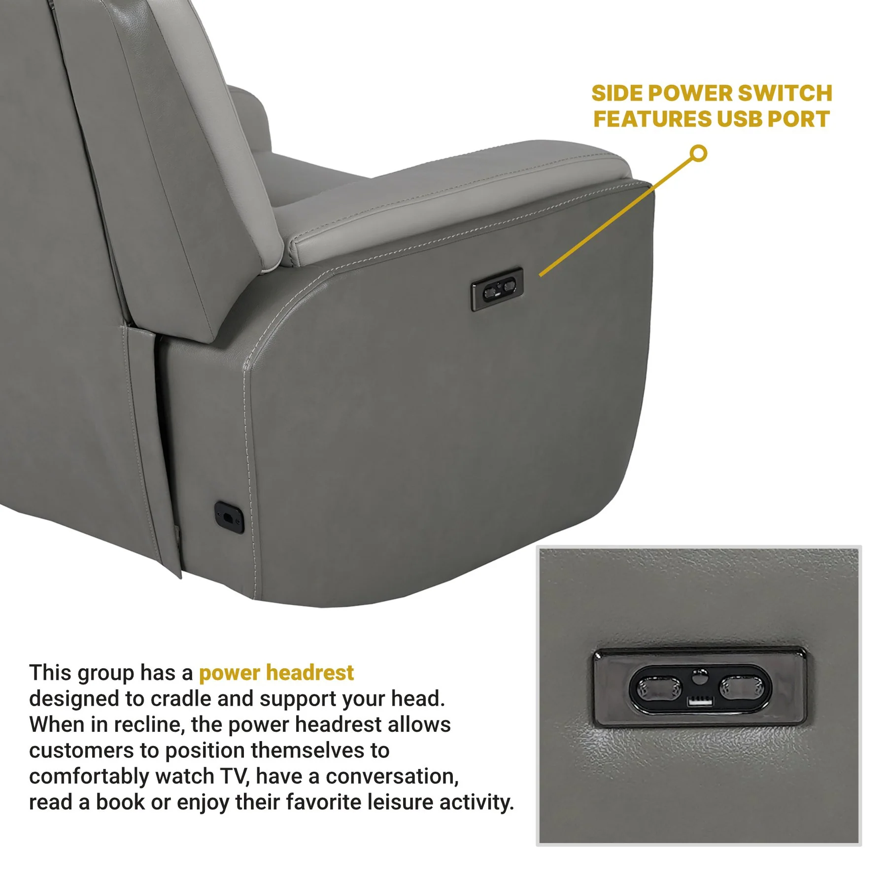 Rosalyn Zero Gravity Power Recliner in Silver and Gray Leather with Power Headrest - Image 11