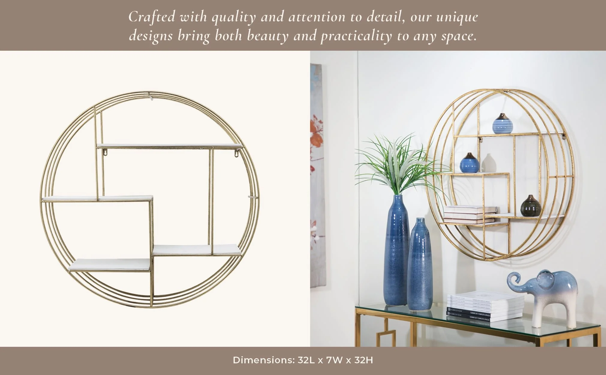 Round 32" Wood/metal Wallshelf, Gold - Image 12