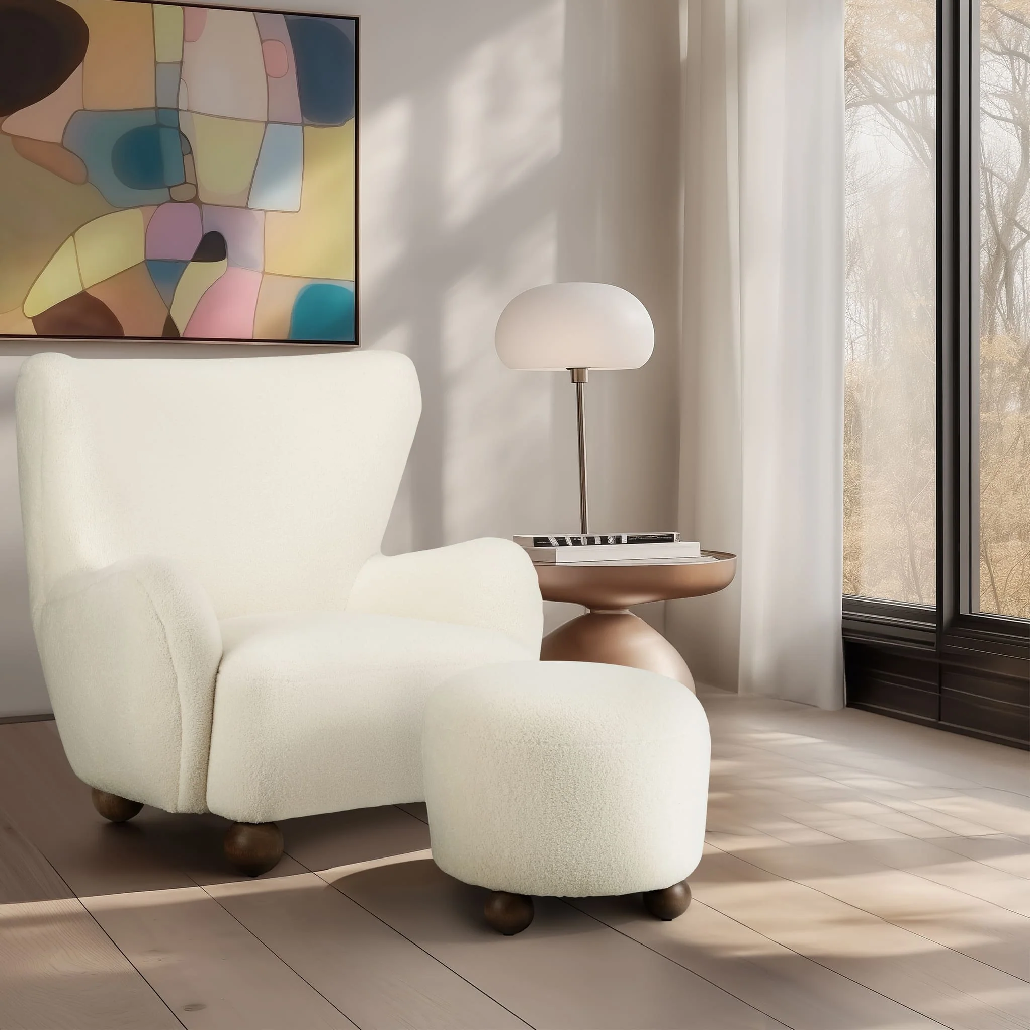 Round Ottoman W/ Ball Feet, Beige - Image 10