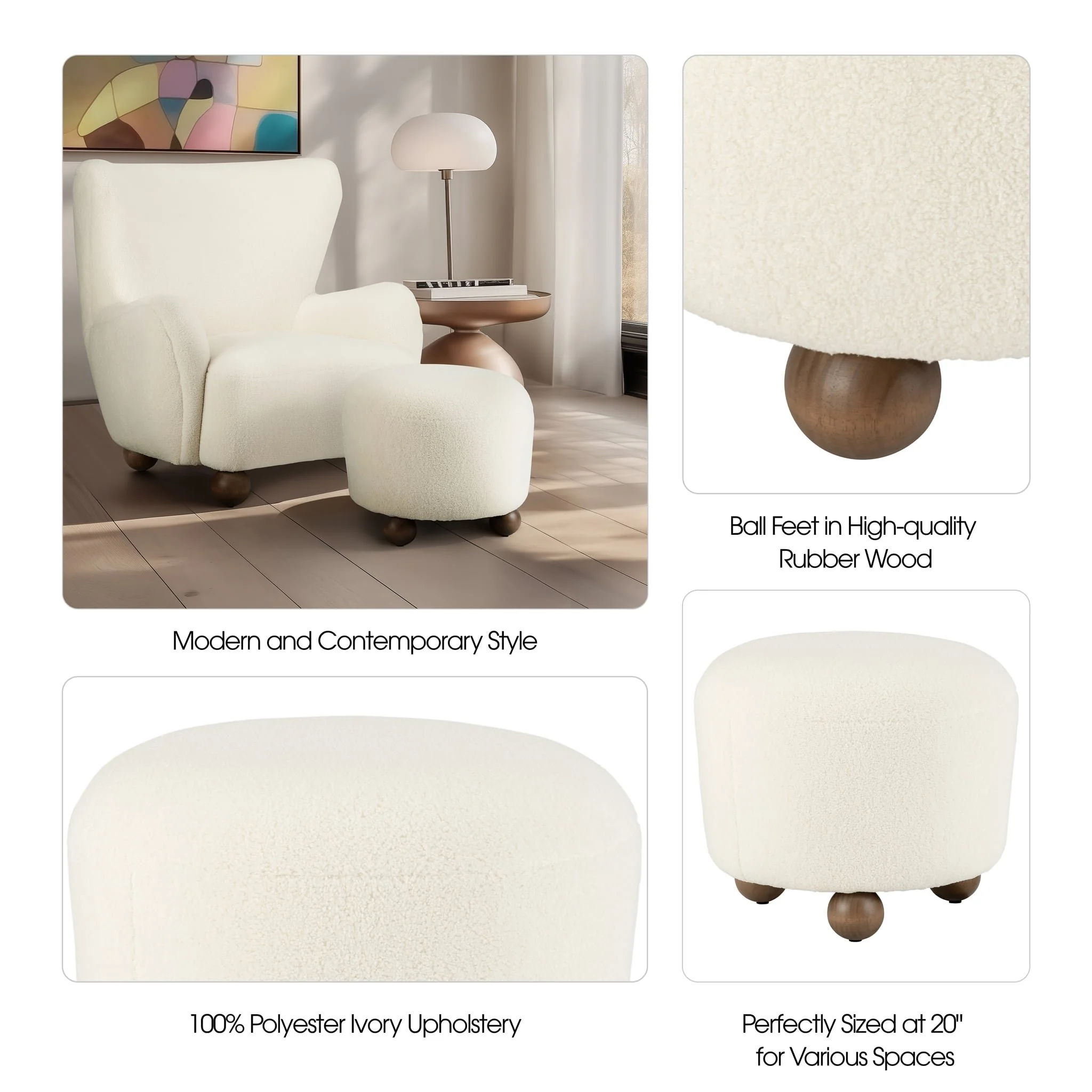 Round Ottoman W/ Ball Feet, Beige - Image 9