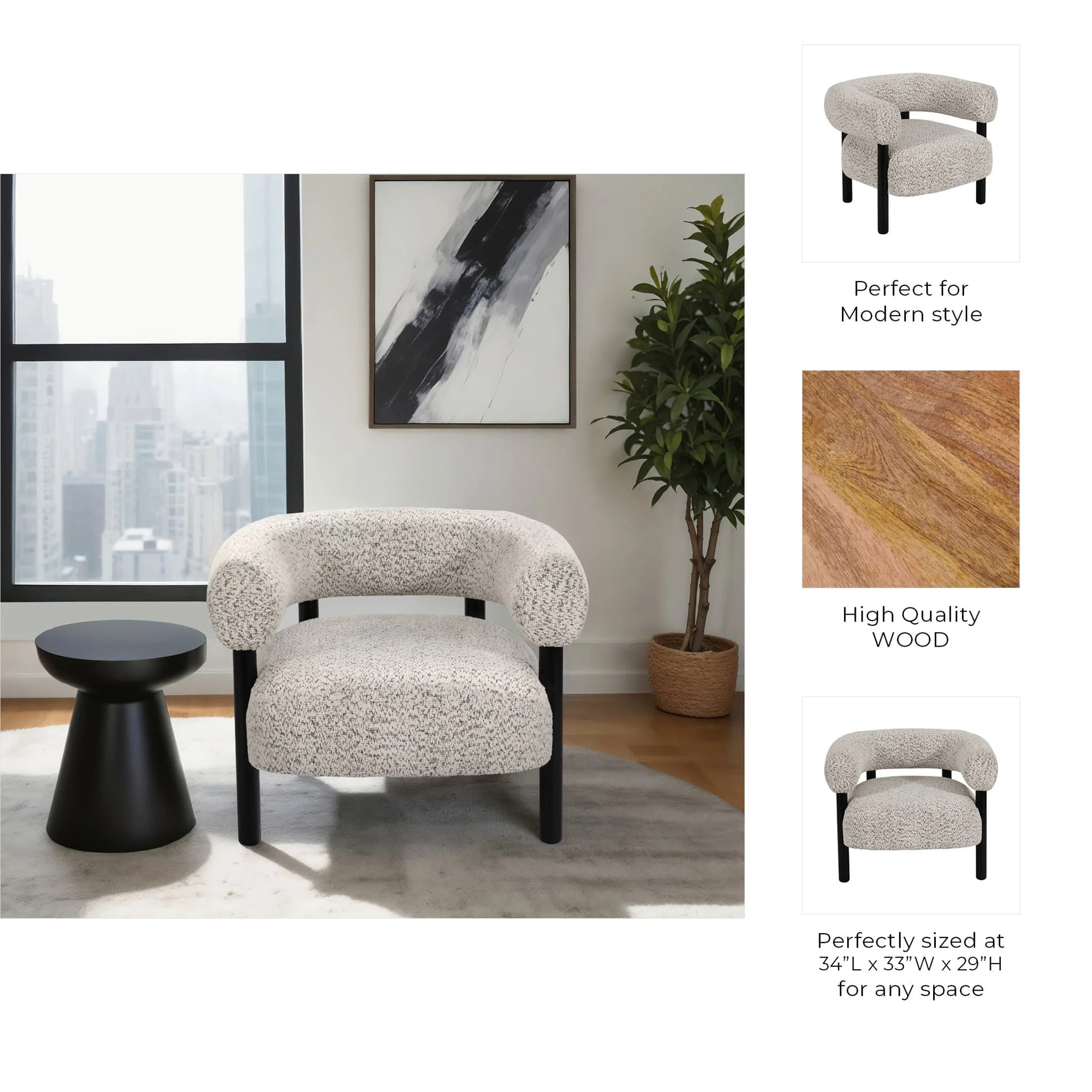 Roundback Accent Chair W/ Wood Legs, Speckled Wht - Image 8