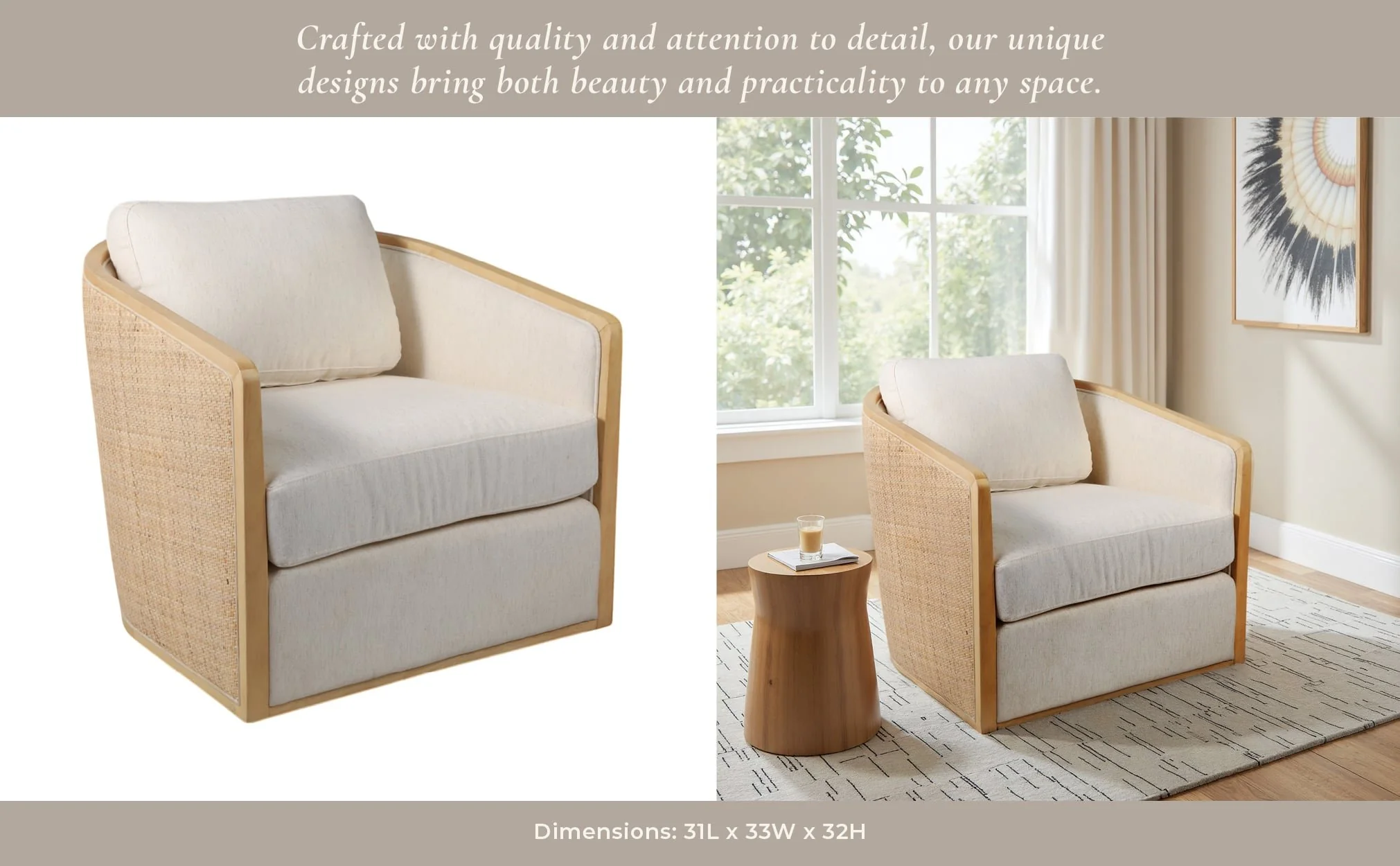 Rounded Cane Back Swivel Accent Chair, Ivory/tan - Image 10