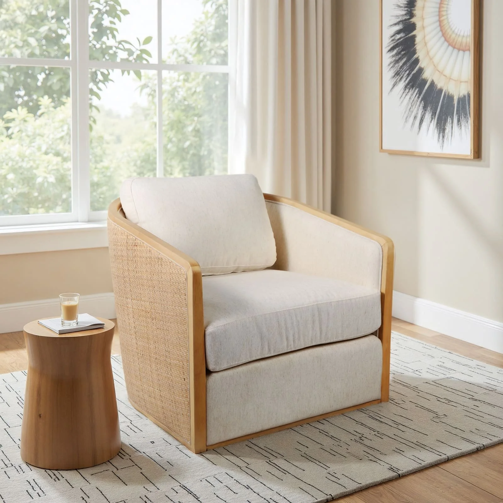 Rounded Cane Back Swivel Accent Chair, Ivory/tan - Image 9