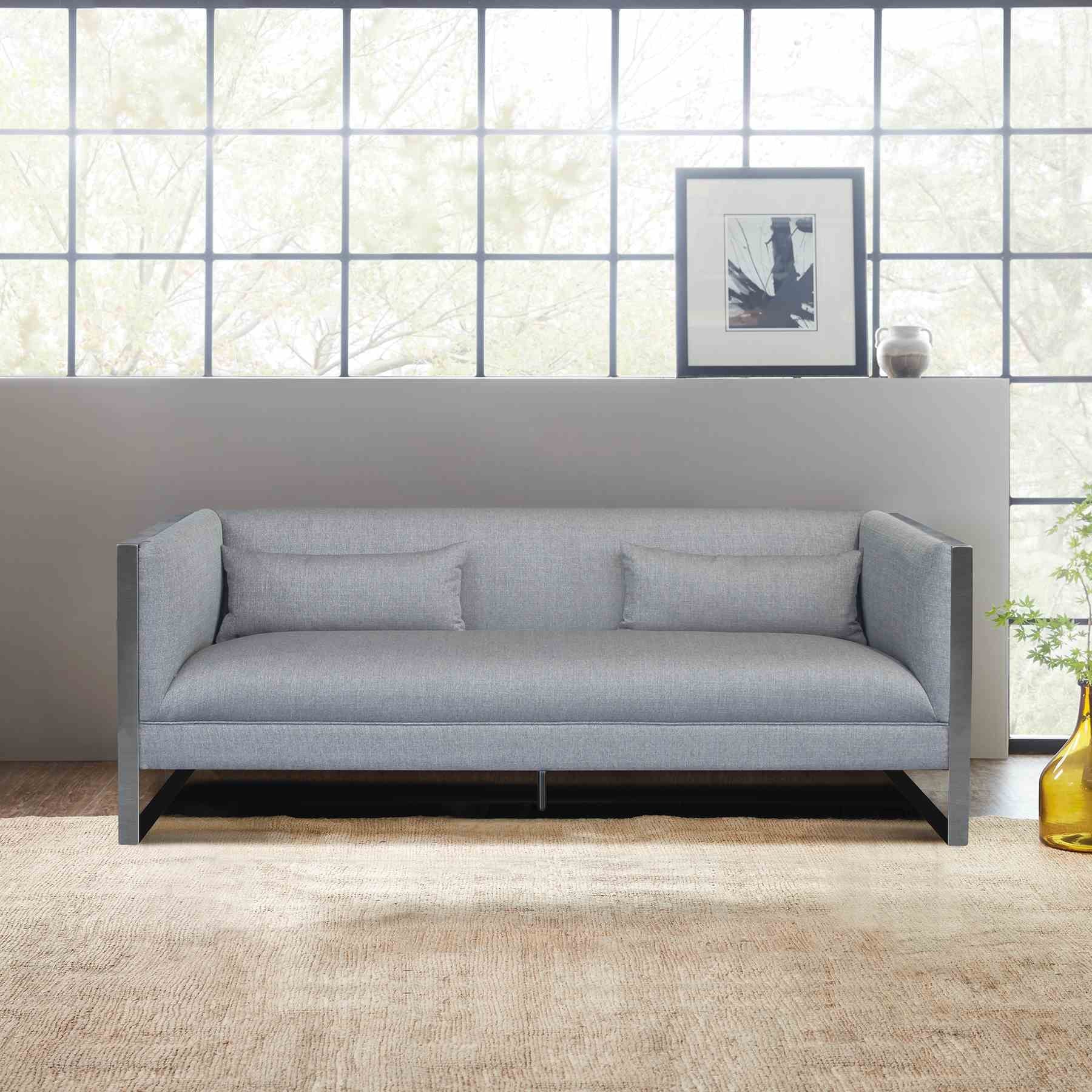 Royce Contemporary Sofa with Polished Stainless Steel and Gray Fabric - Image 2