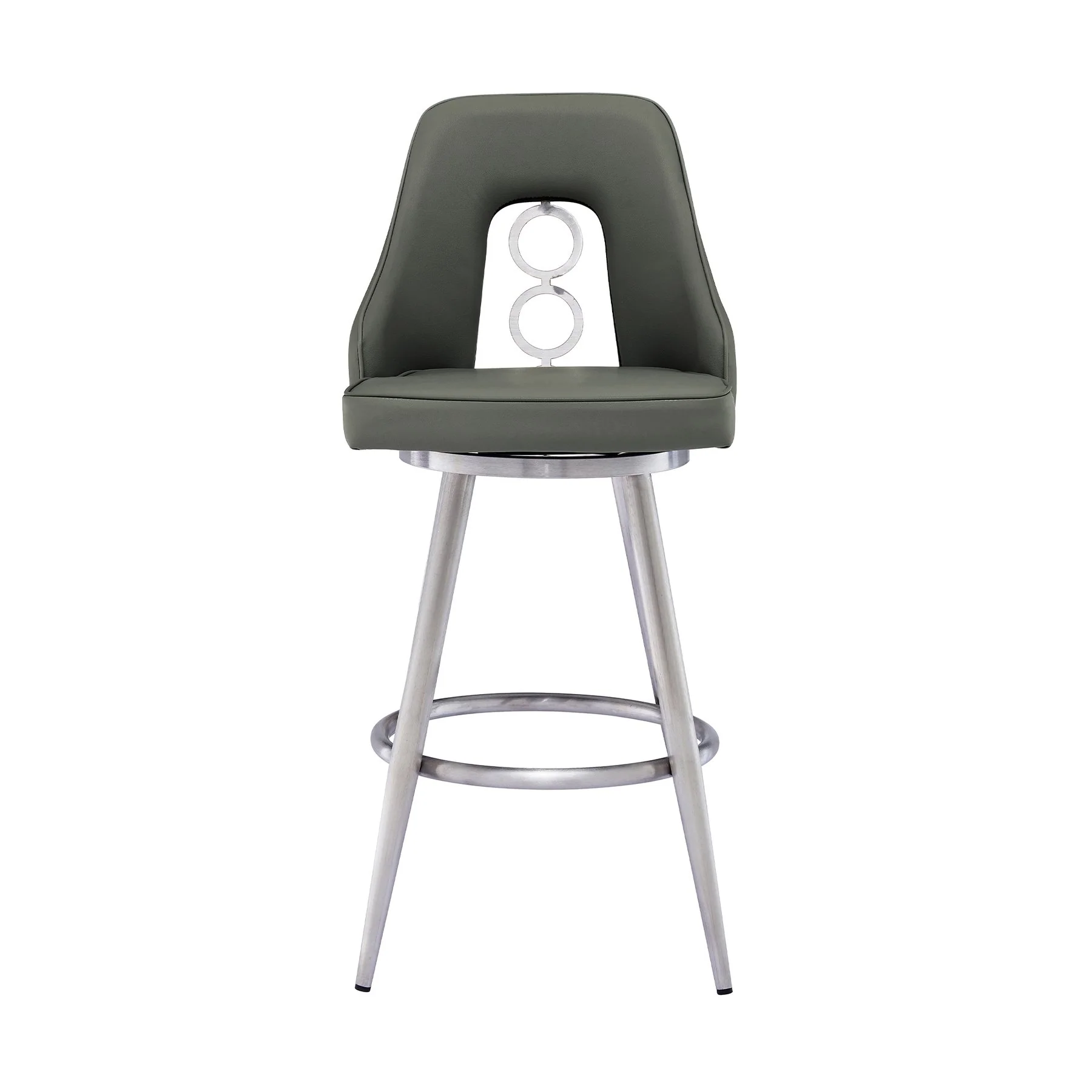 Ruby 26" Counter Height Swivel Gray Faux Leather and Brushed Stainless Steel Bar Stool - Image 2