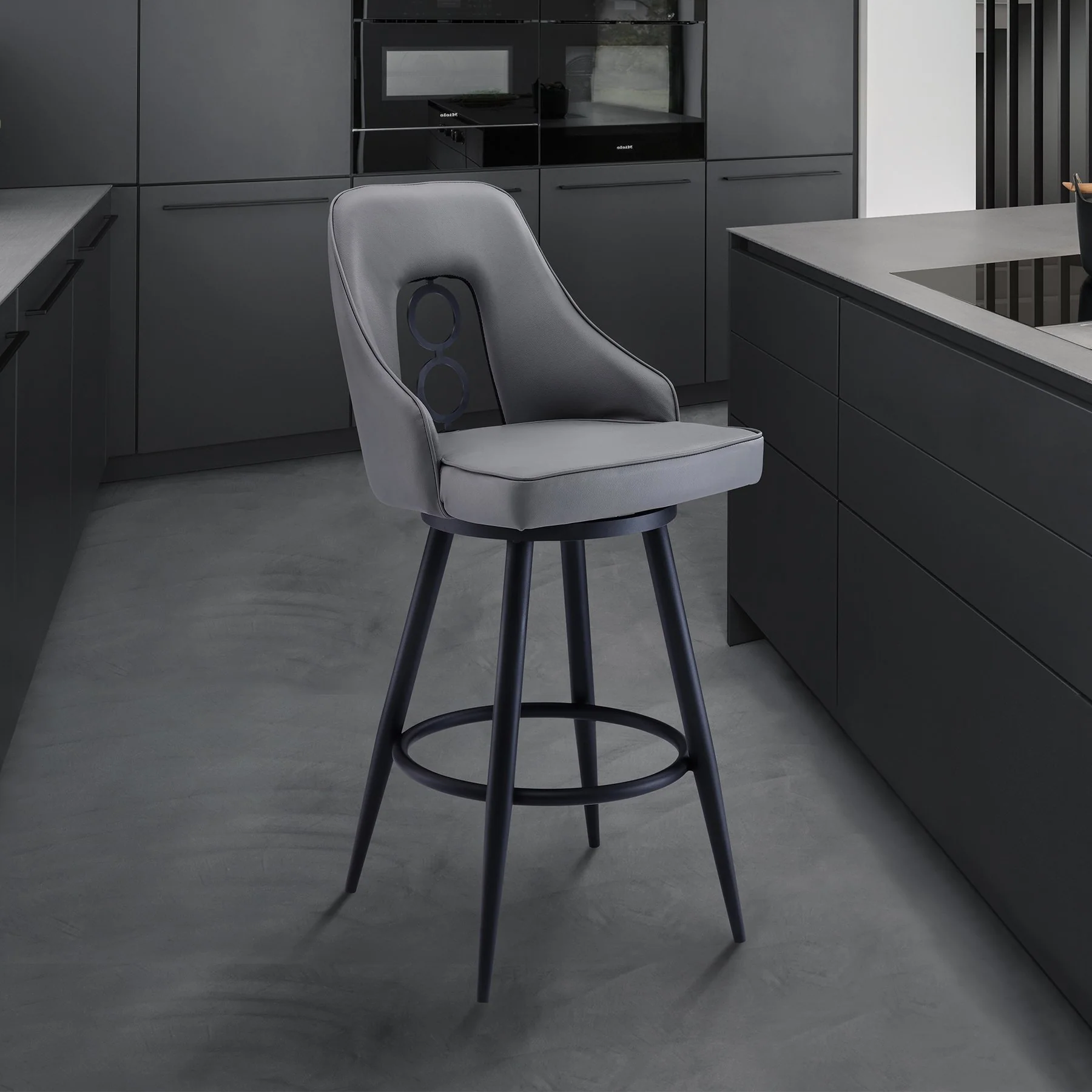 Ruby 30" Bar Height Swivel Gray Faux Leather and Black Metal Bar Stool - Image 8