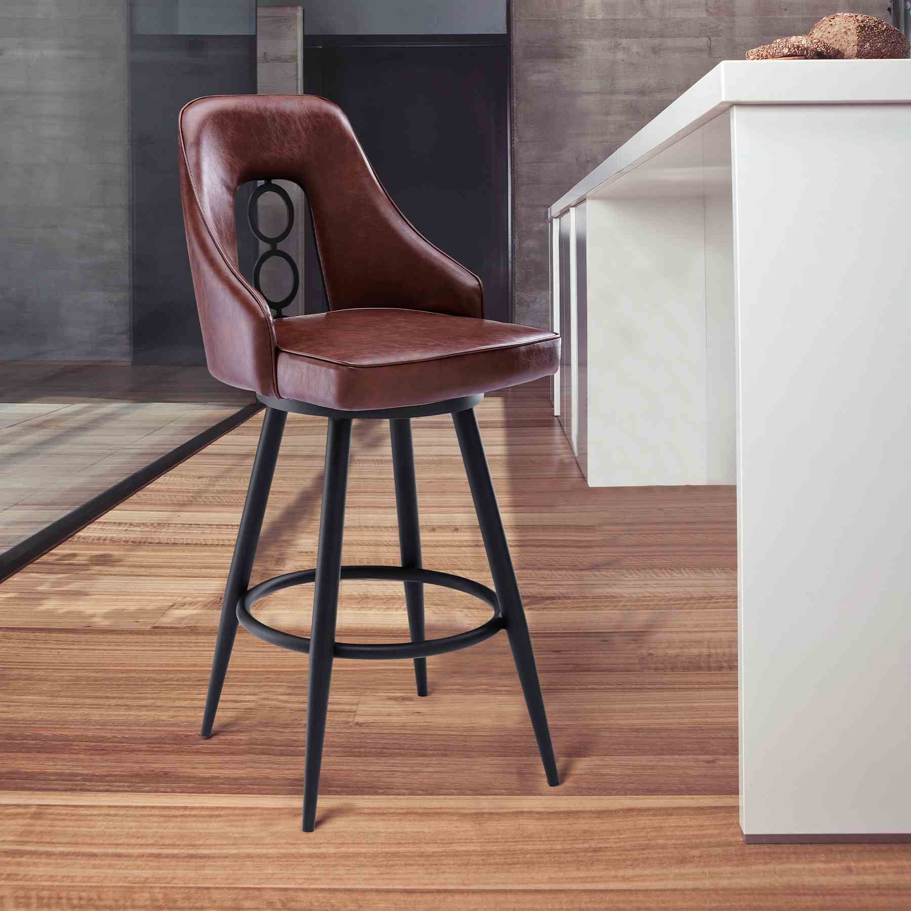 Ruby Contemporary 30" Bar Height Barstool in Black Powder Coated Finish and Vintage Coffee Faux Leather - Image 8