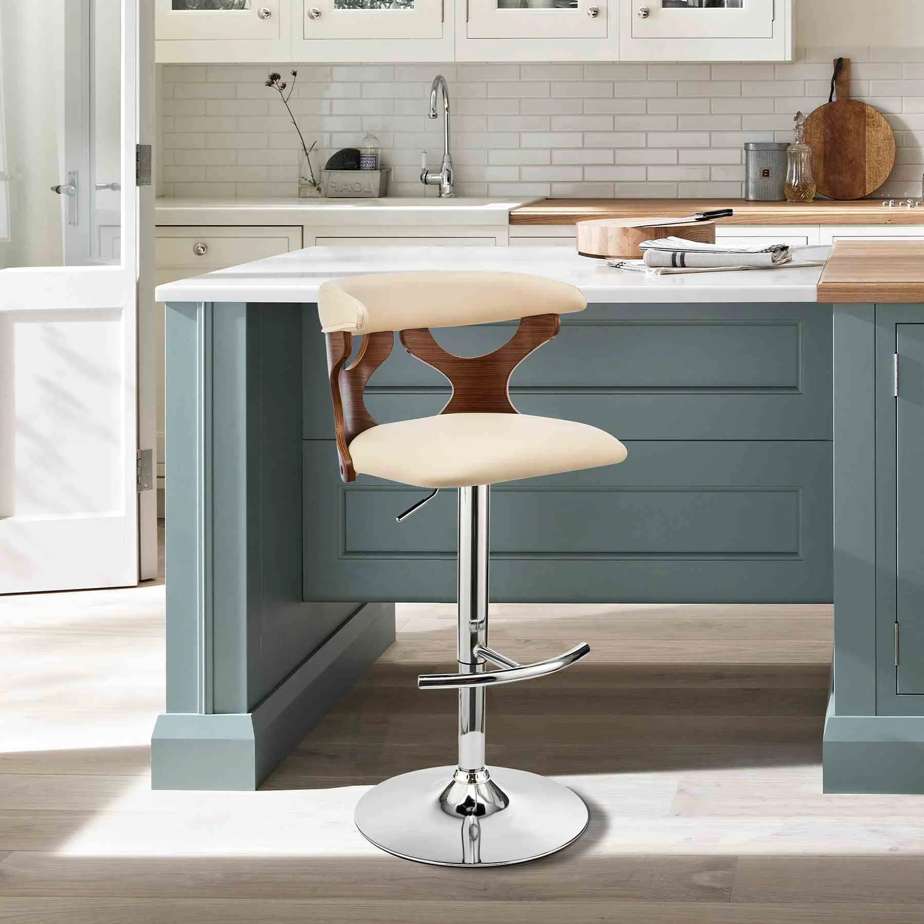 Ruth Adjustable Swivel Cream Faux Leather and Walnut Wood Bar Stool with Chrome Base - Image 10