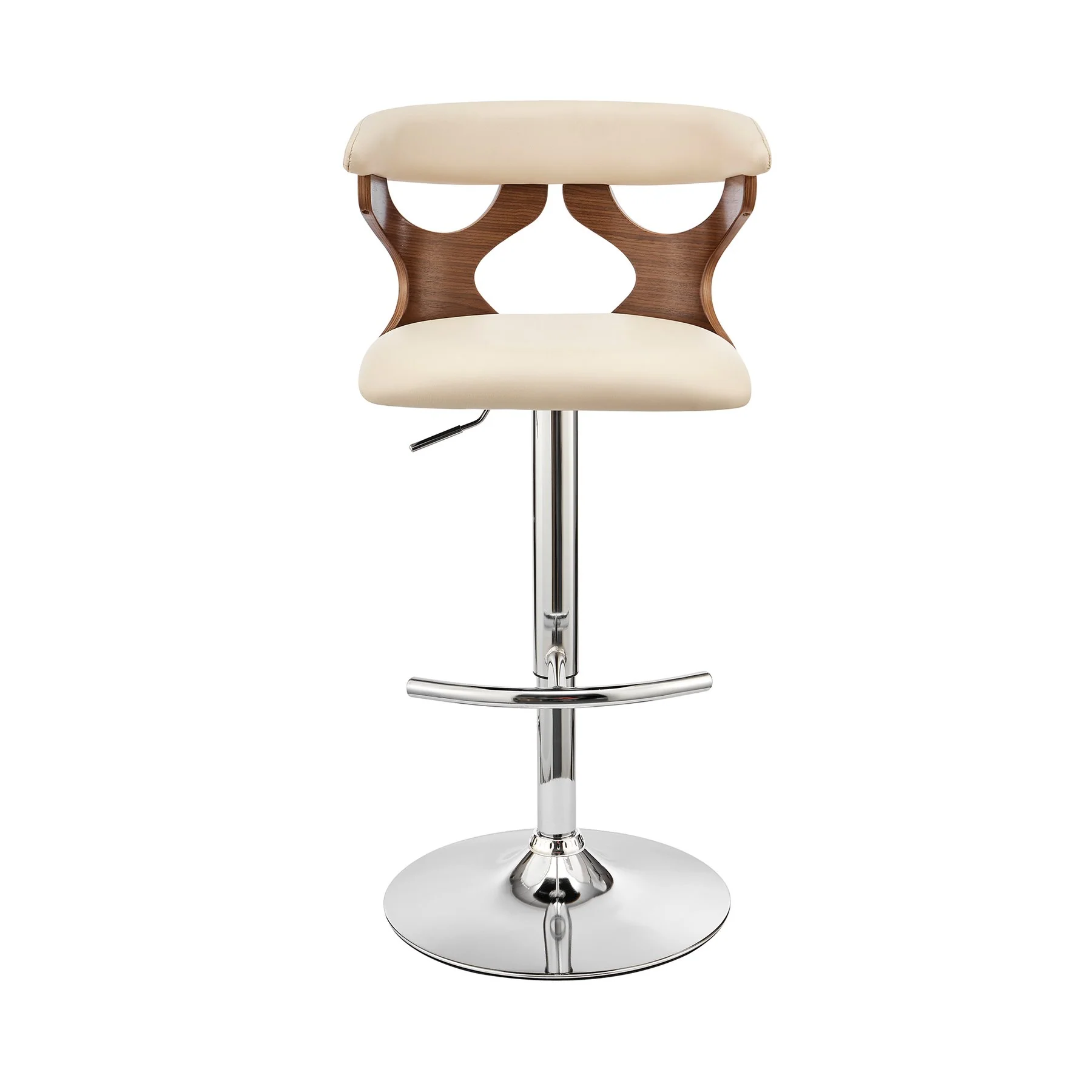 Ruth Adjustable Swivel Cream Faux Leather and Walnut Wood Bar Stool with Chrome Base - Image 2